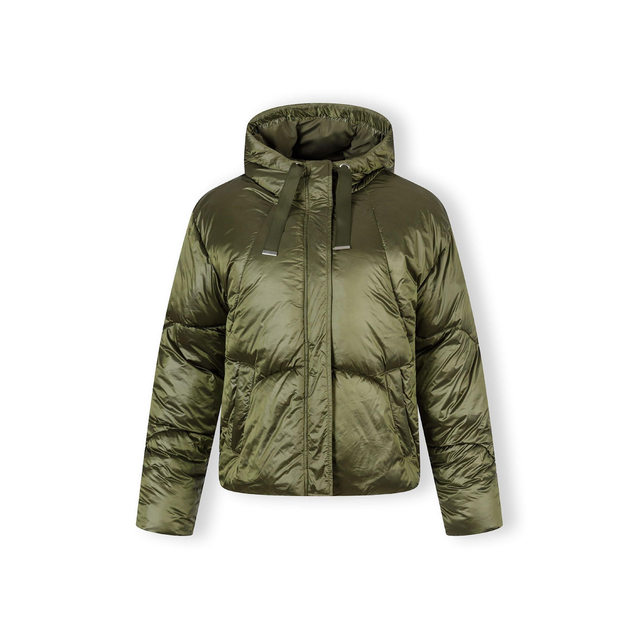 Olive green puffer jacket laid flat showing quilted pattern, hood and full zip closure on white background
