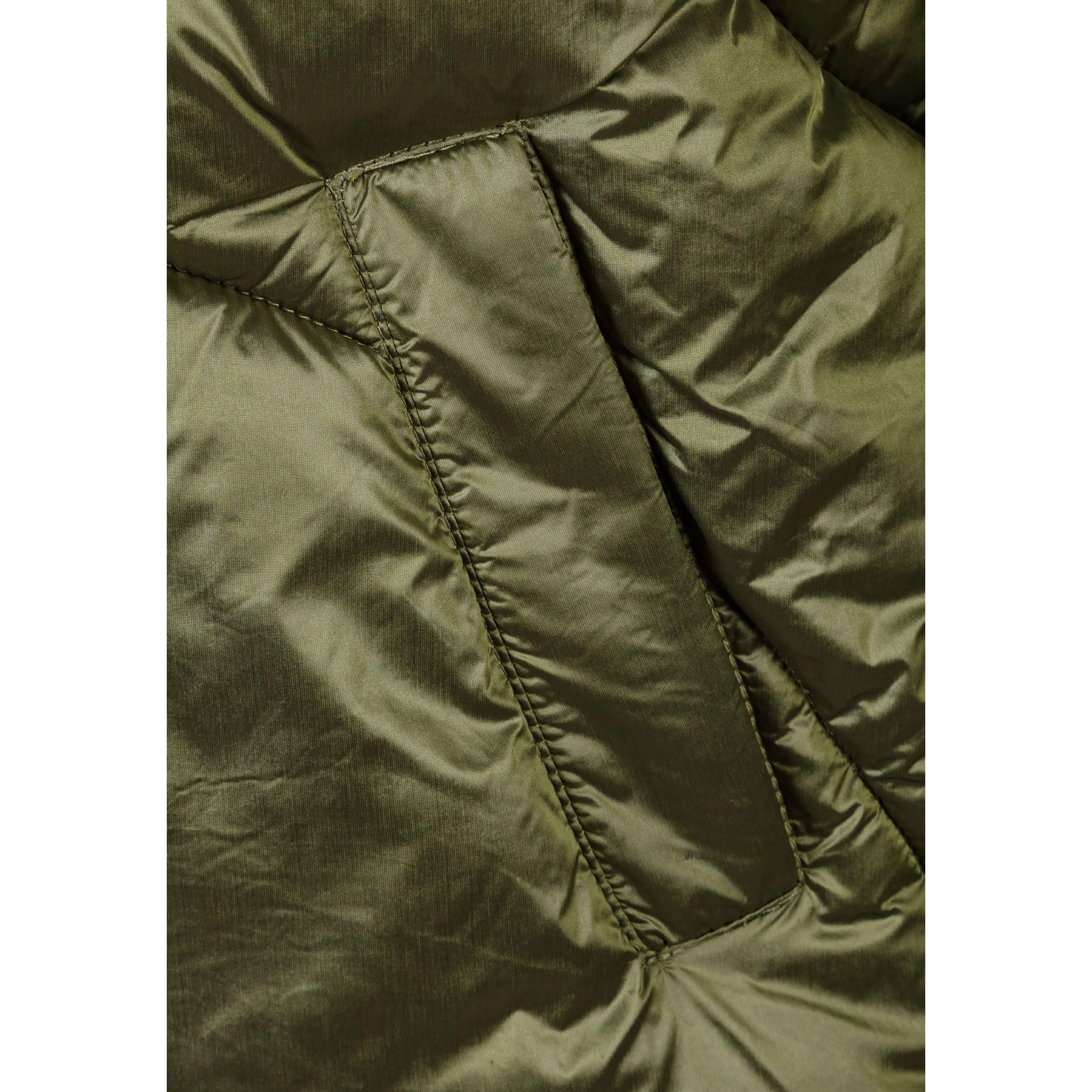Close-up detail of olive green quilted jacket fabric showing side zip pocket and glossy finish texture