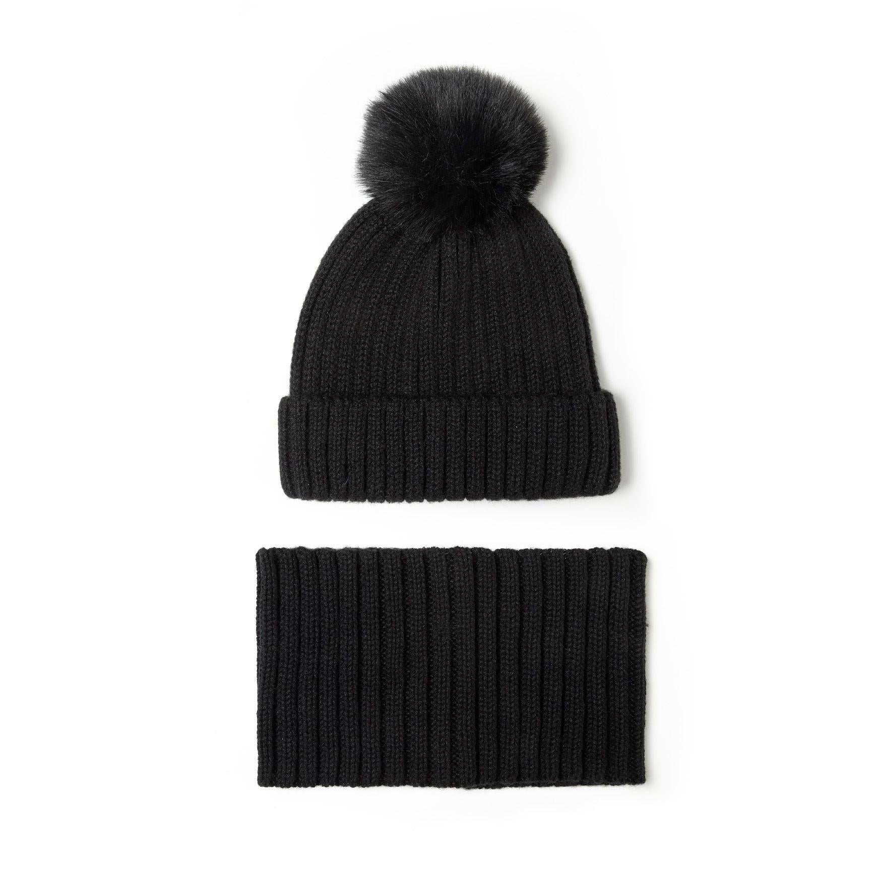 Close-up detail of black ribbed knit texture showing the vertical ribbed pattern and soft yarn construction of the winter accessories