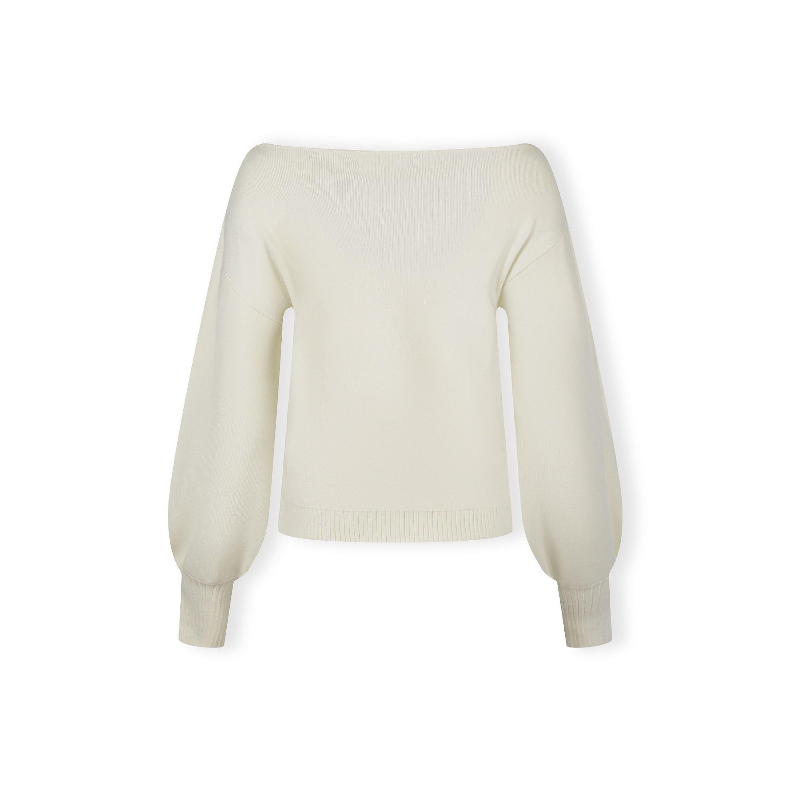 Flat lay of cream knitted jumper showing boat neckline, long sleeves and ribbed cuffs on white background