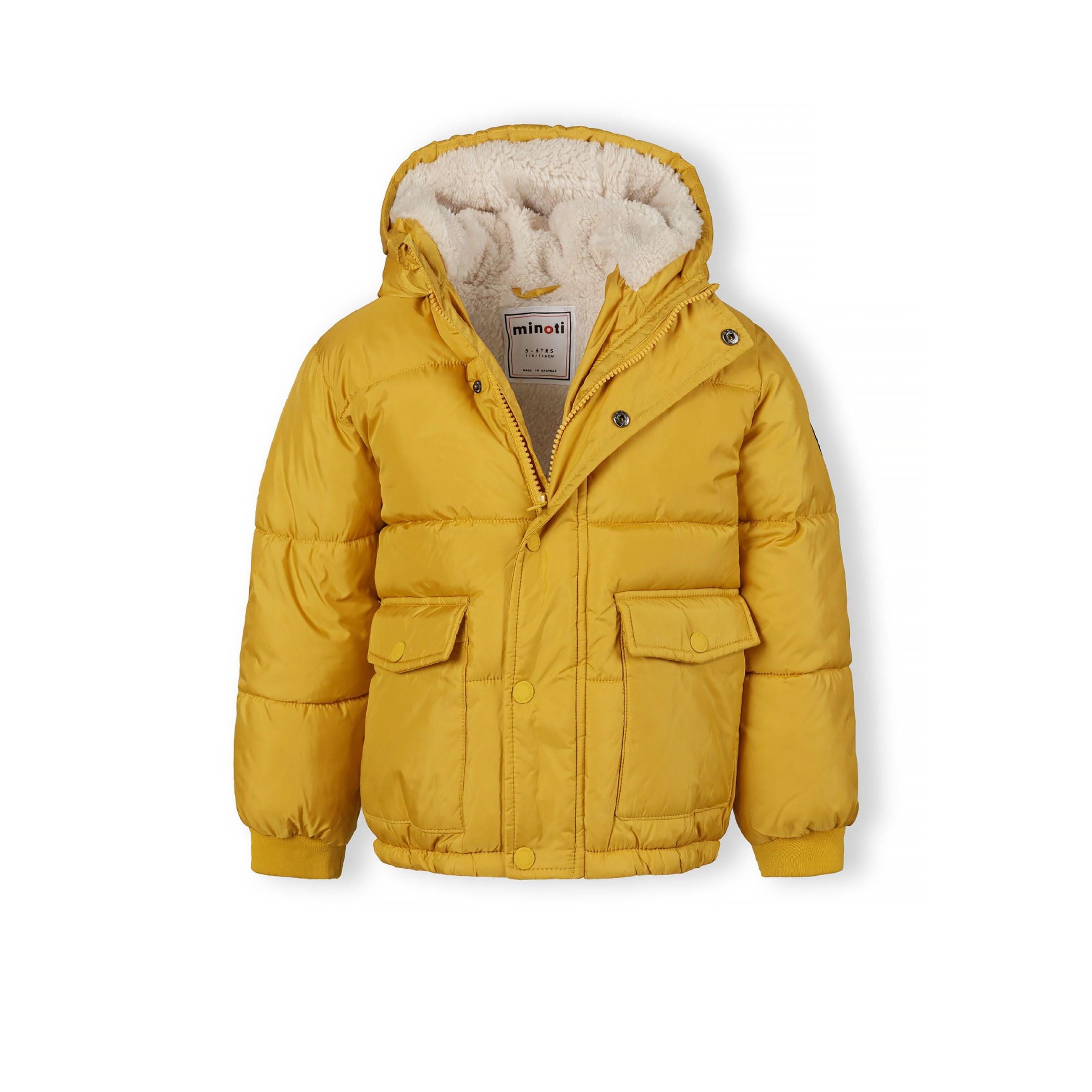 Mustard yellow teddy lined hooded jacket laid flat showing front view with hood open revealing cream fleece lining and Minoti label
