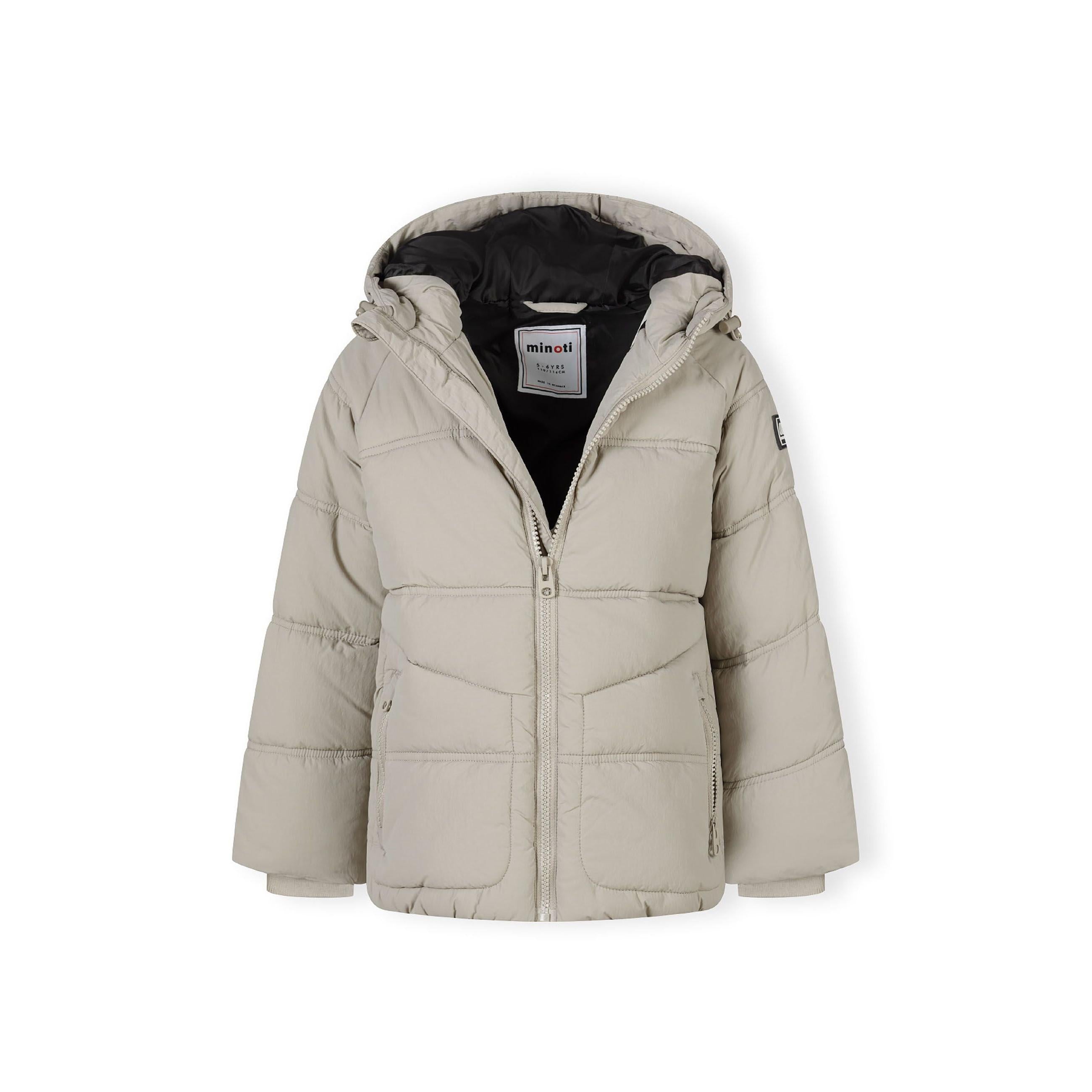 Grey quilted jacket with black hood lining and Minoti label, displayed flat against white background