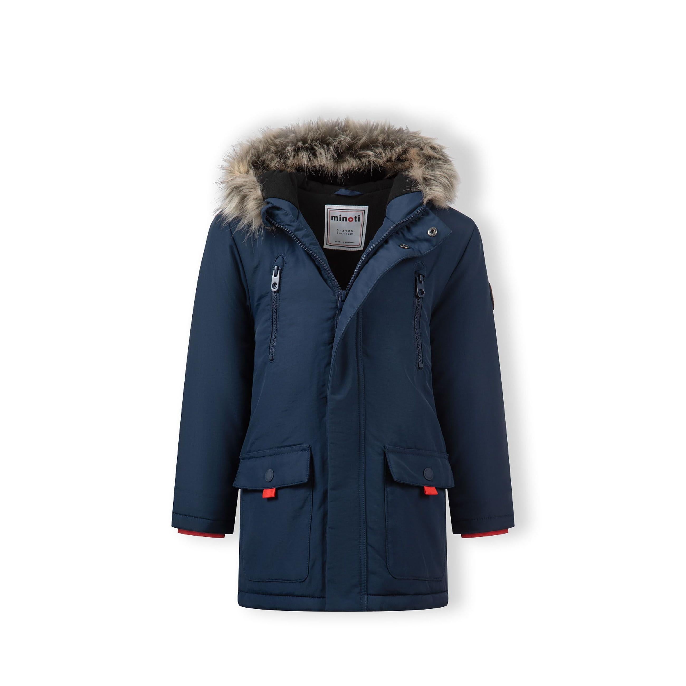 Navy winter parka displayed flat showing faux fur hood trim, multiple pockets and Minoti brand label detail on white background