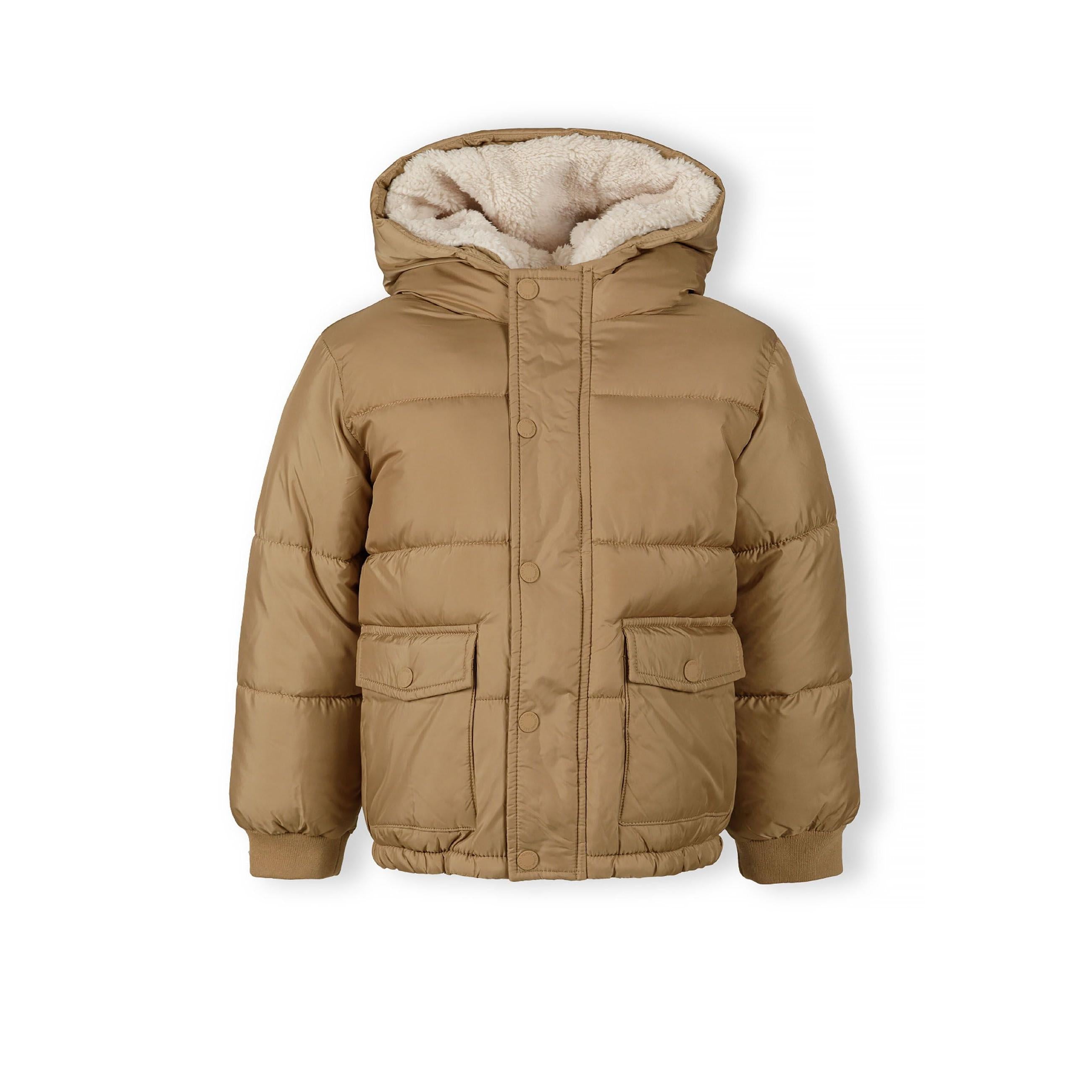 Beige padded jacket laid flat showing teddy fleece hood lining, front zip closure and Minoti label