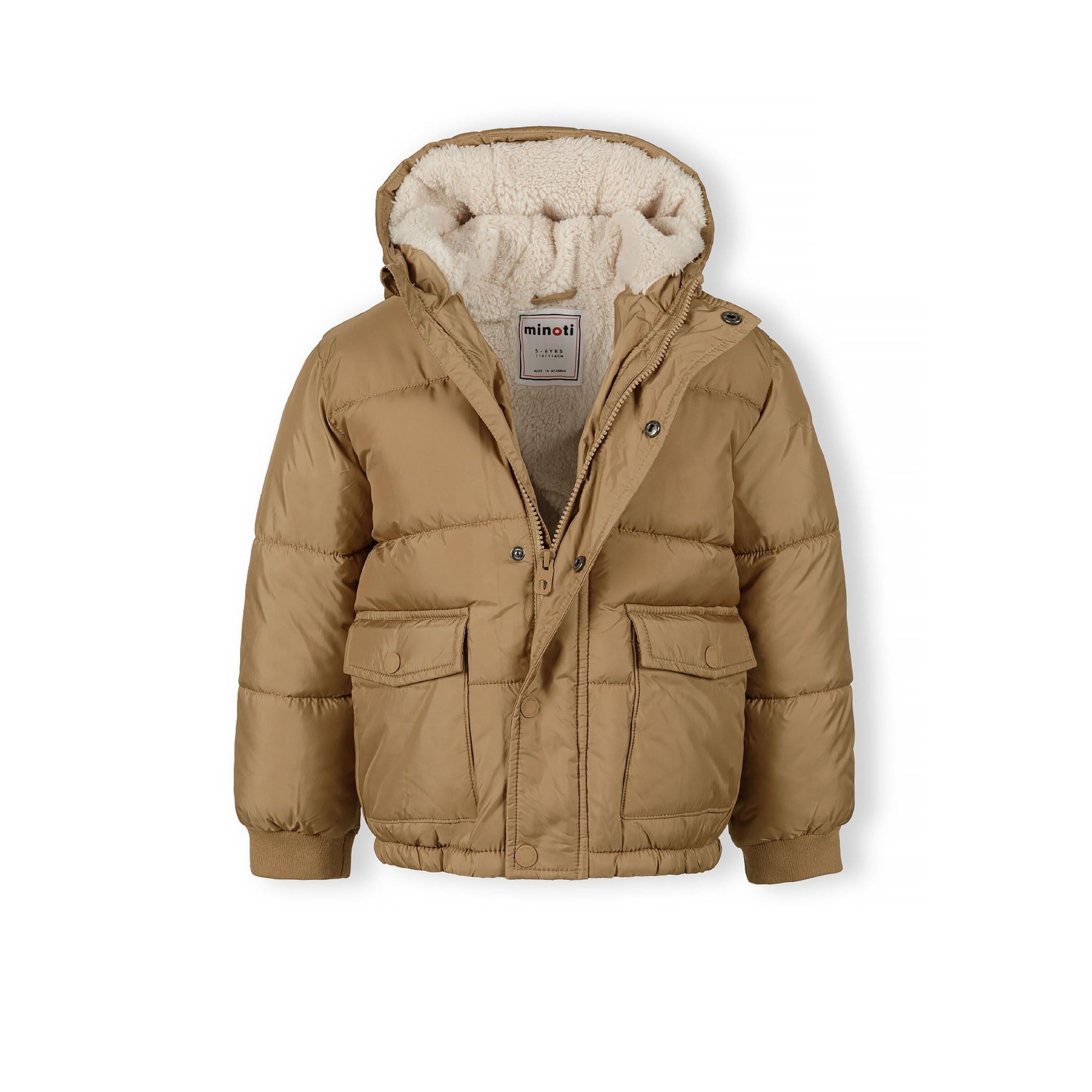 Beige padded jacket laid flat showing teddy fleece hood lining, front zip closure and Minoti label