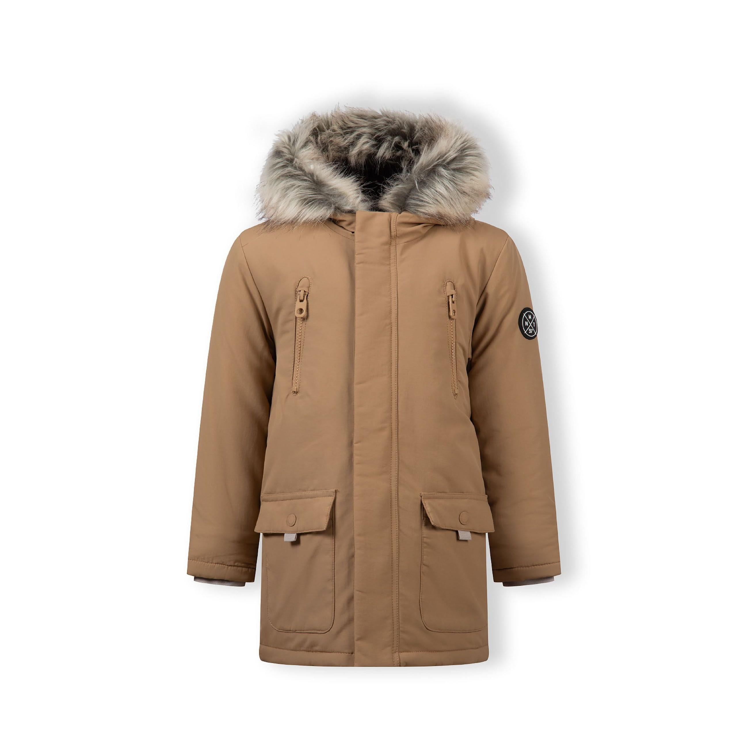 Beige winter parka laid flat showing faux fur hood detail and front zip closure with chest pockets