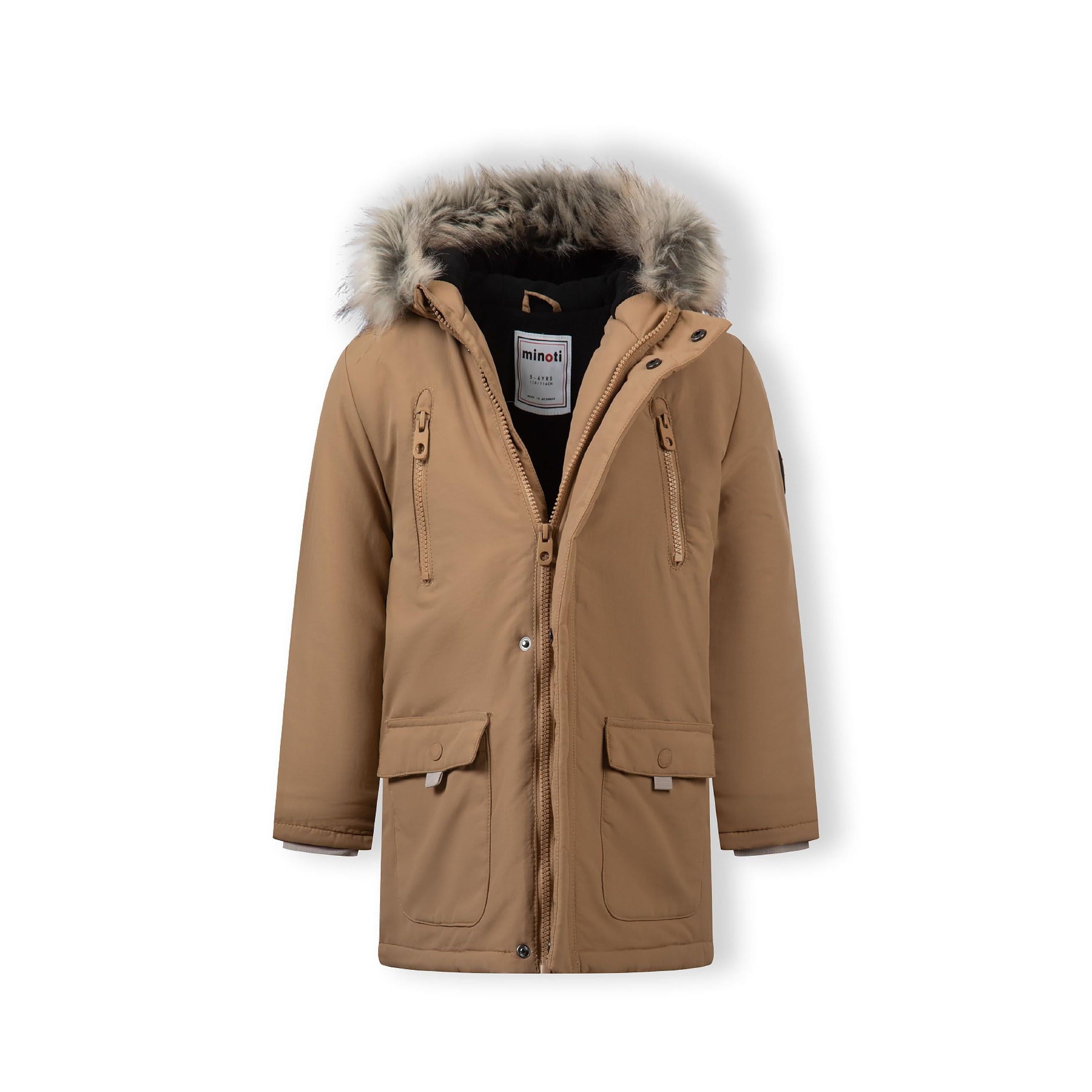 Beige winter parka laid flat showing faux fur hood detail and front zip closure with chest pockets
