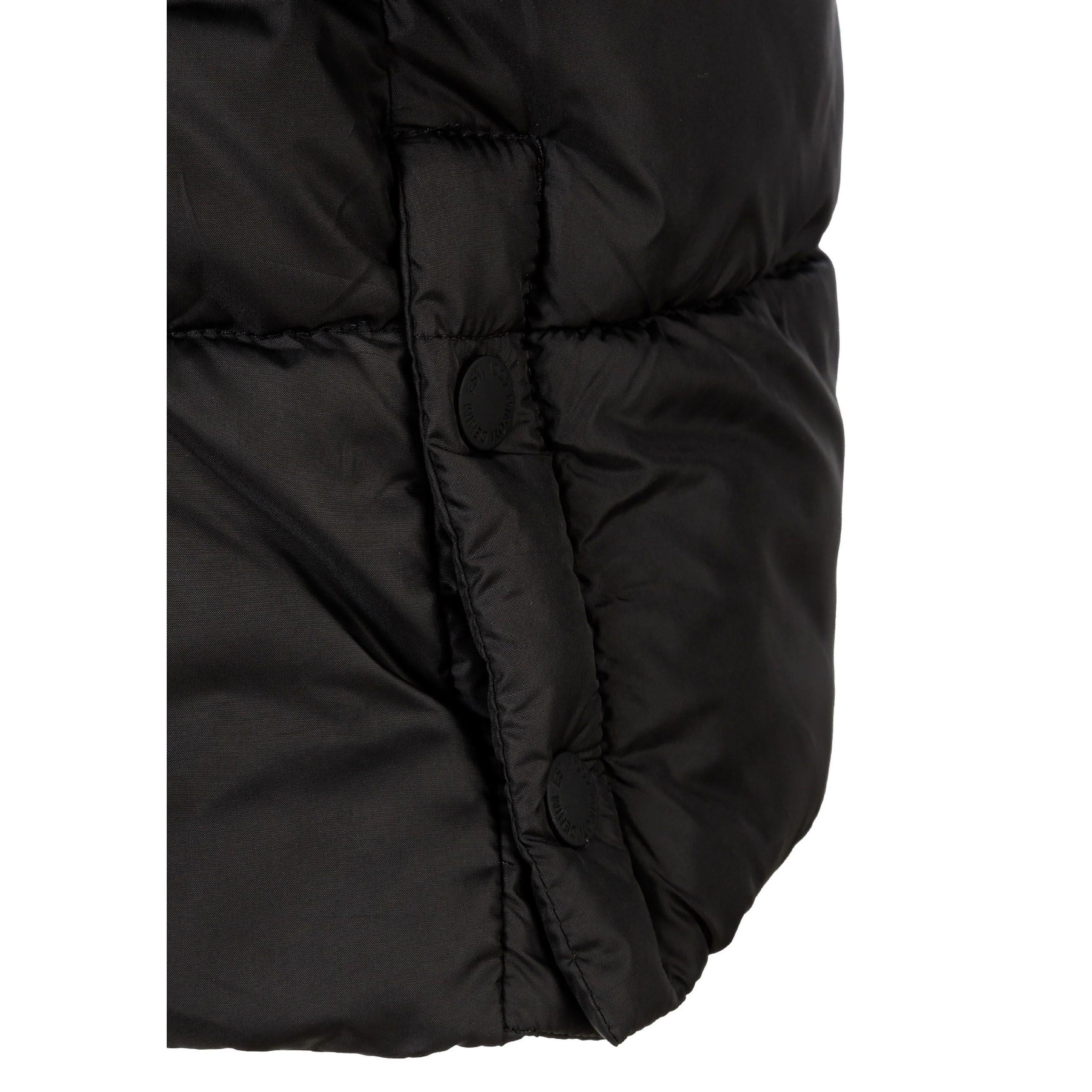 Close-up detail of black padded coat showing quilted stitching pattern and fabric texture
