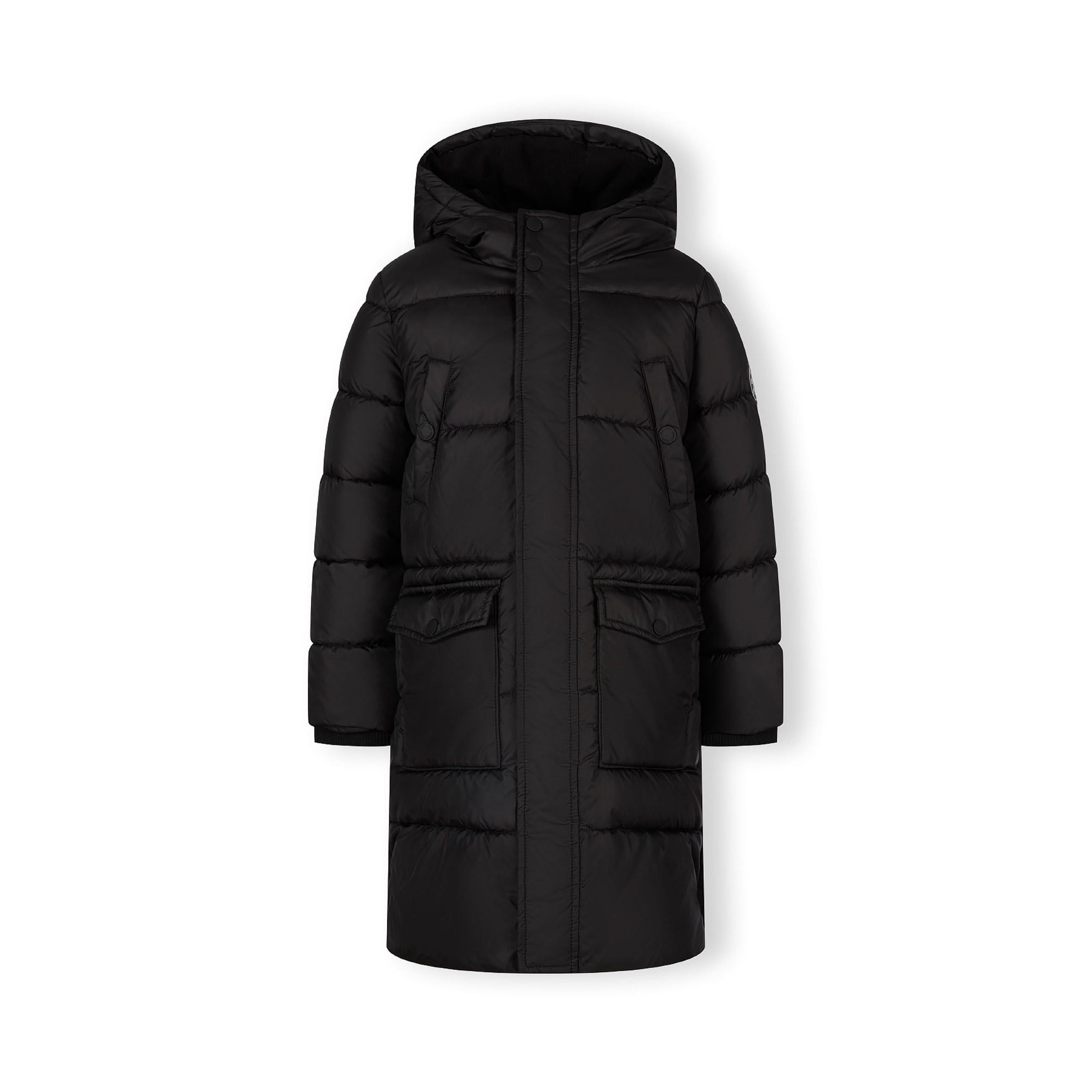 Flat lay view of black hooded long padded coat showing full front design with zip closure and multiple pockets