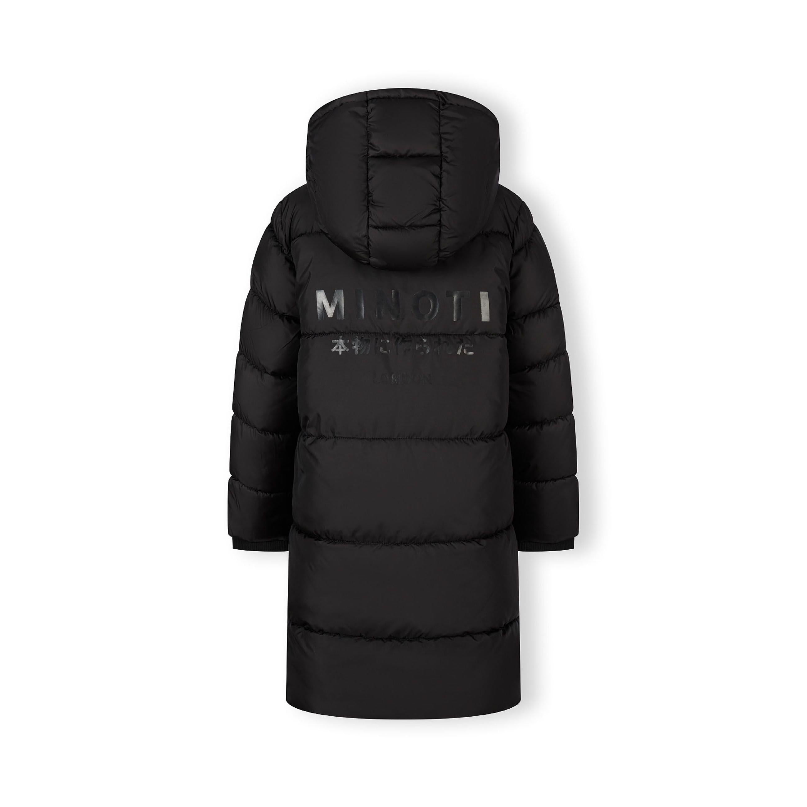 Close-up detail of black padded coat showing quilted stitching pattern and fabric texture