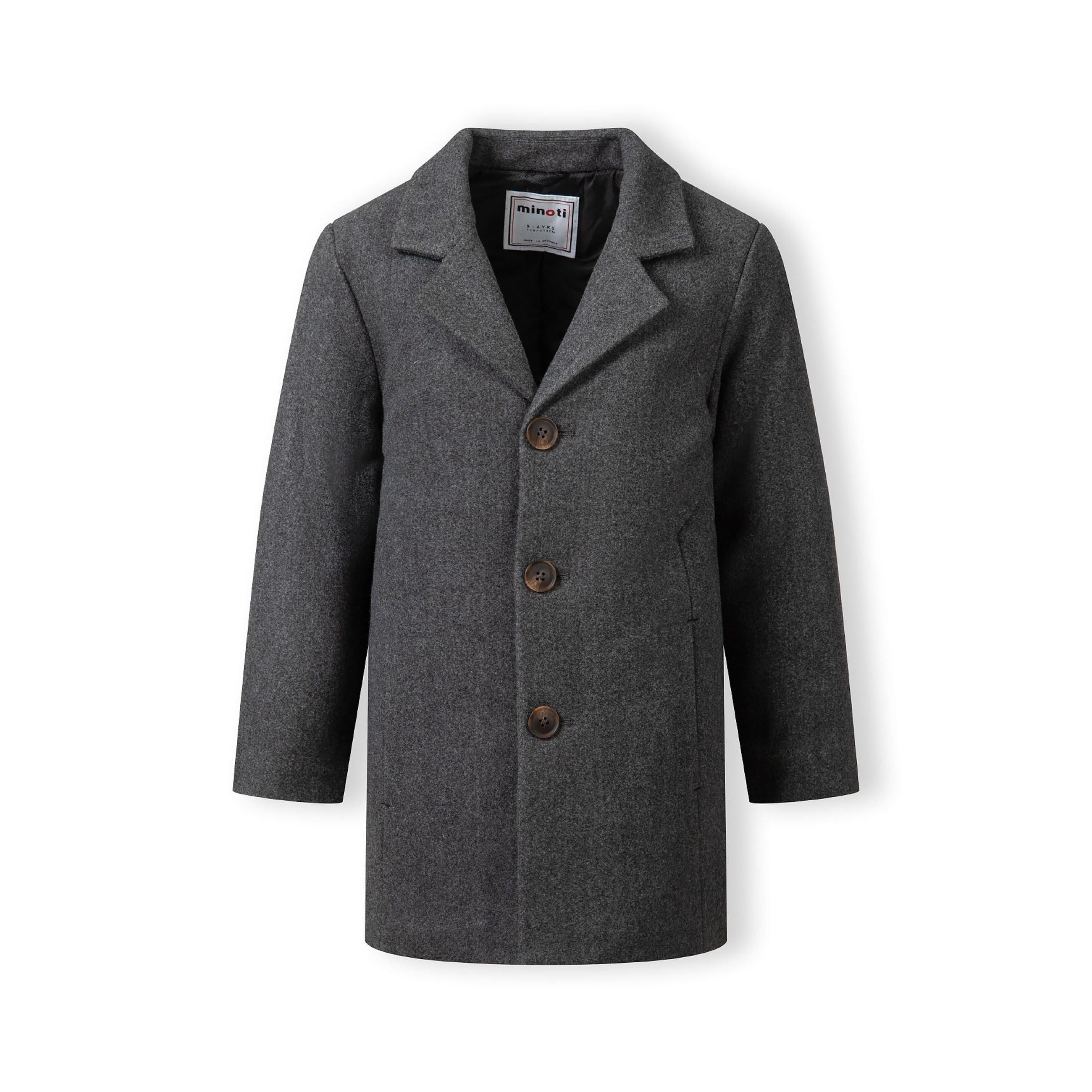Back view of grey smart coat showing structured silhouette and seam details on plain background