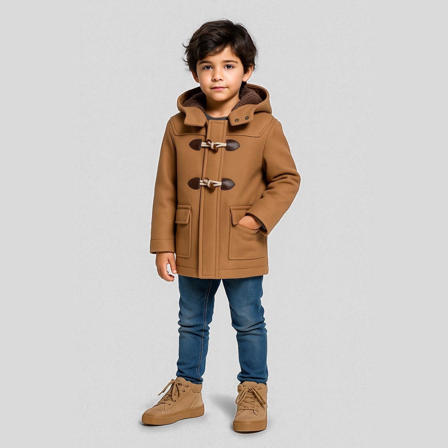 Young boy wearing beige duffle coat with toggle closures and hood, paired with blue jeans and brown sneakers, standing against light grey background