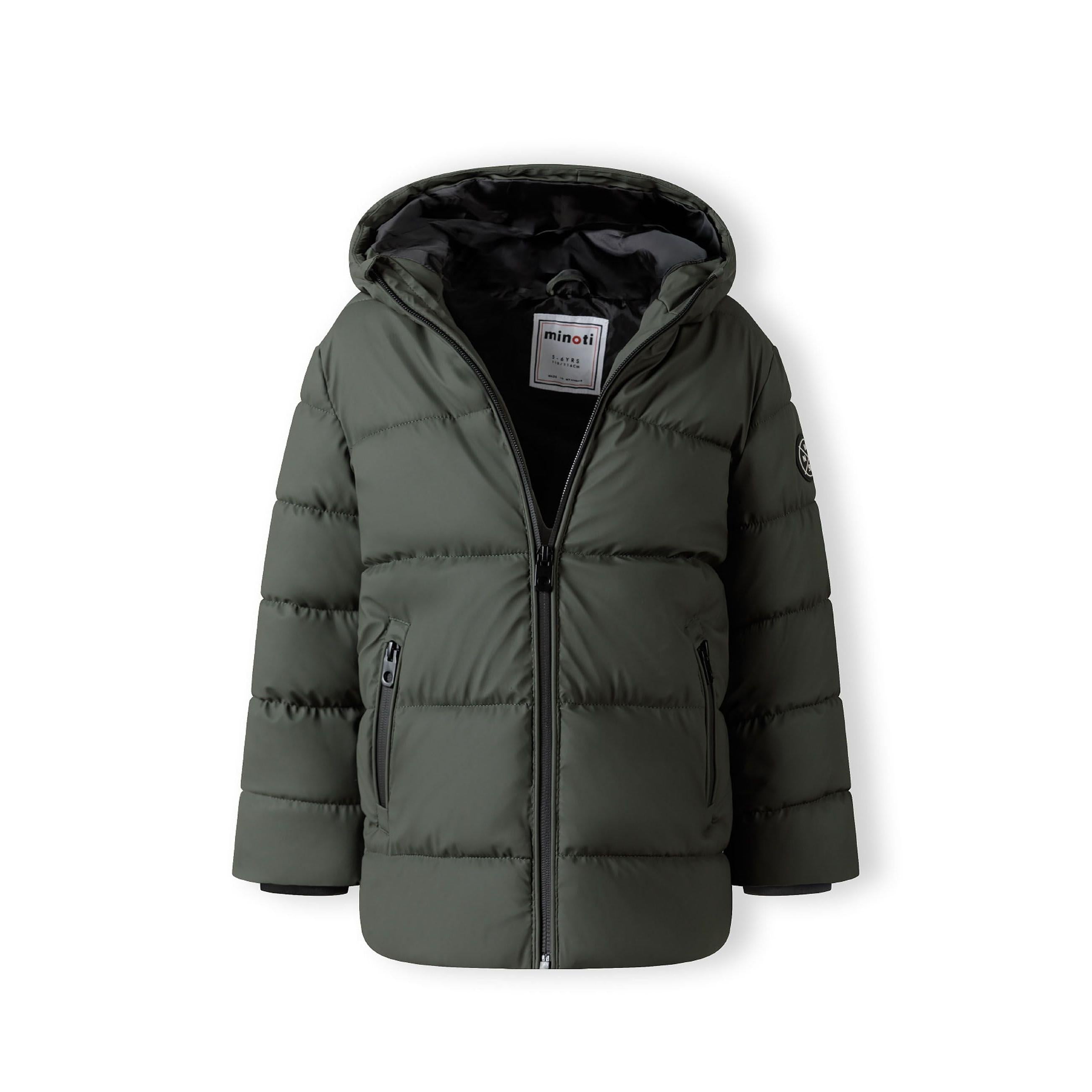 Front view of khaki padded jacket with open zip showing black interior lining and Minoti label