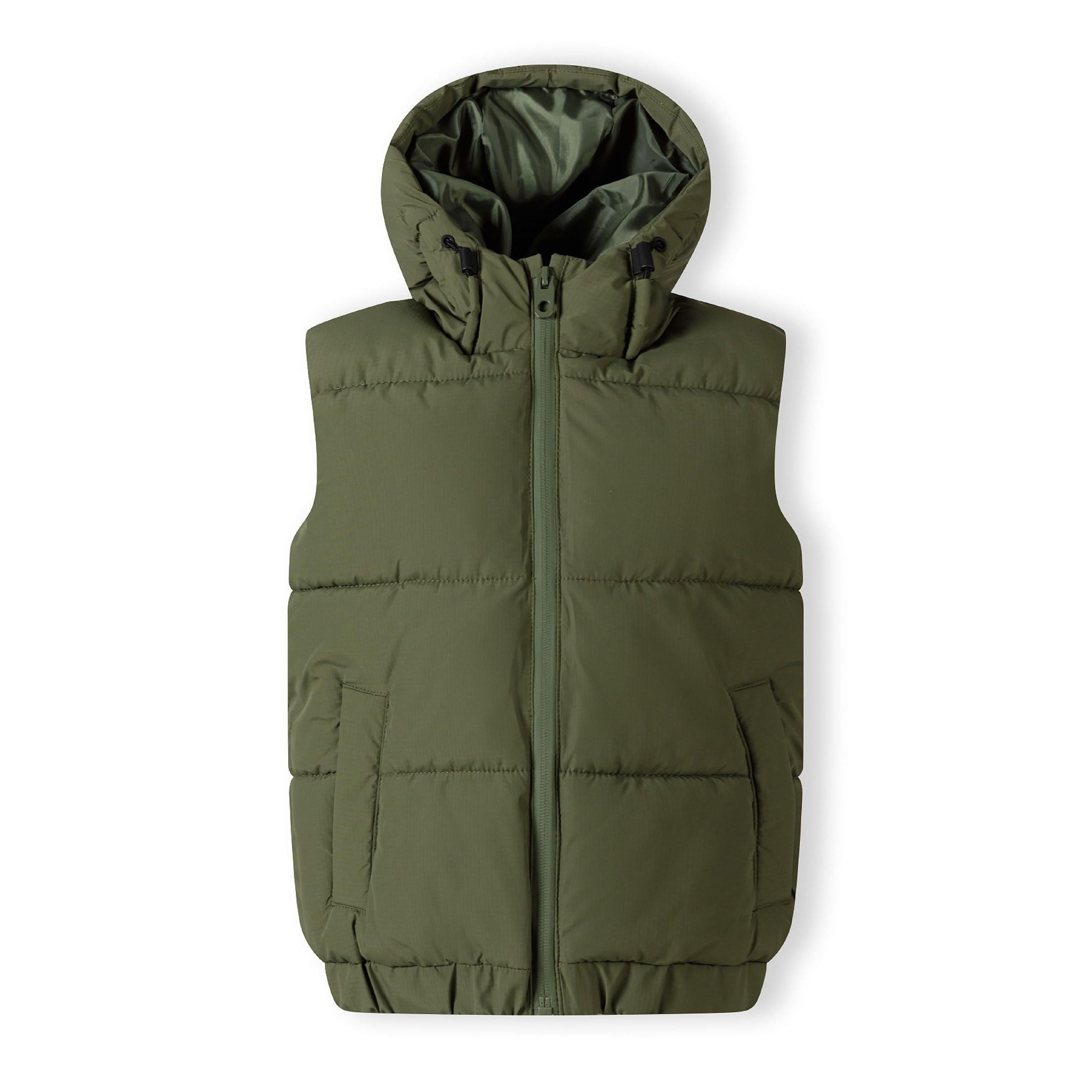 Flat lay of khaki padded gilet showing quilted construction, hood, and overall design from back view on white background