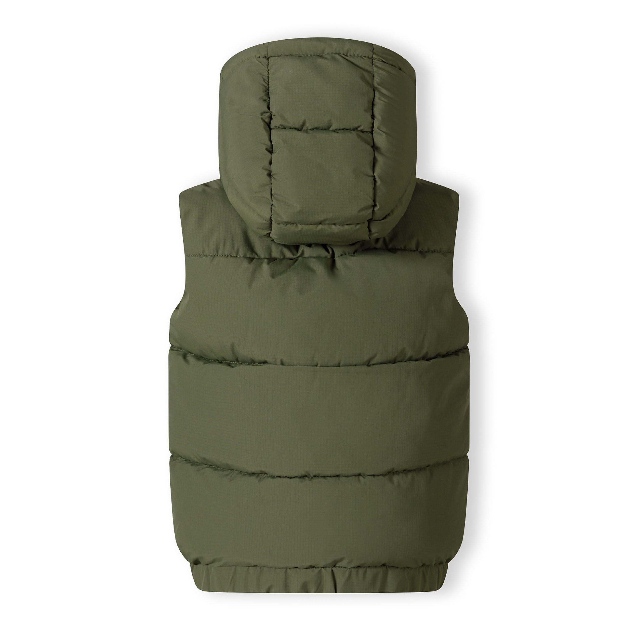 Flat lay of khaki padded gilet showing quilted construction, hood, and overall design from back view on white background