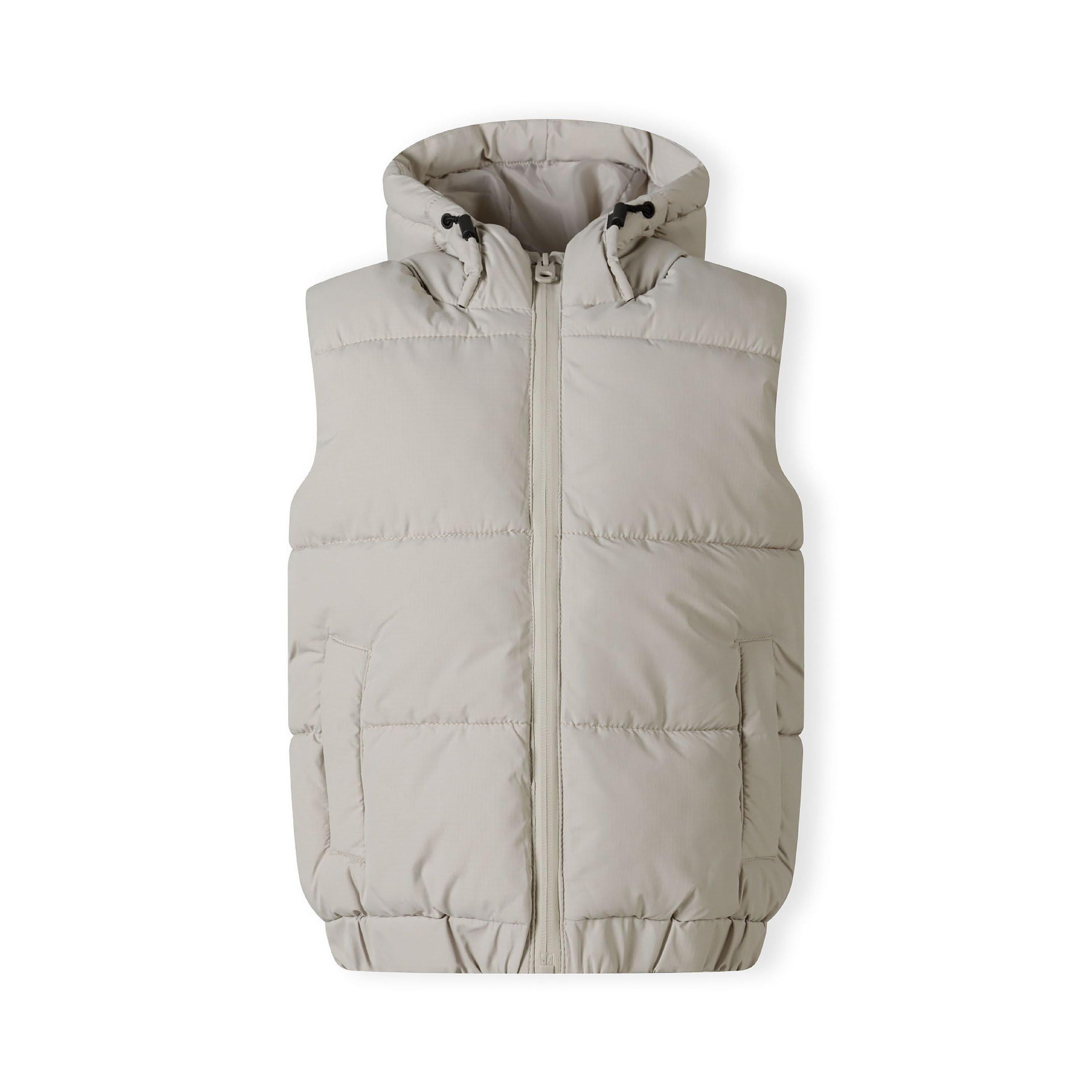 Flat lay view of grey padded ripstop gilet with hood showing quilted construction and full front zip closure on white background