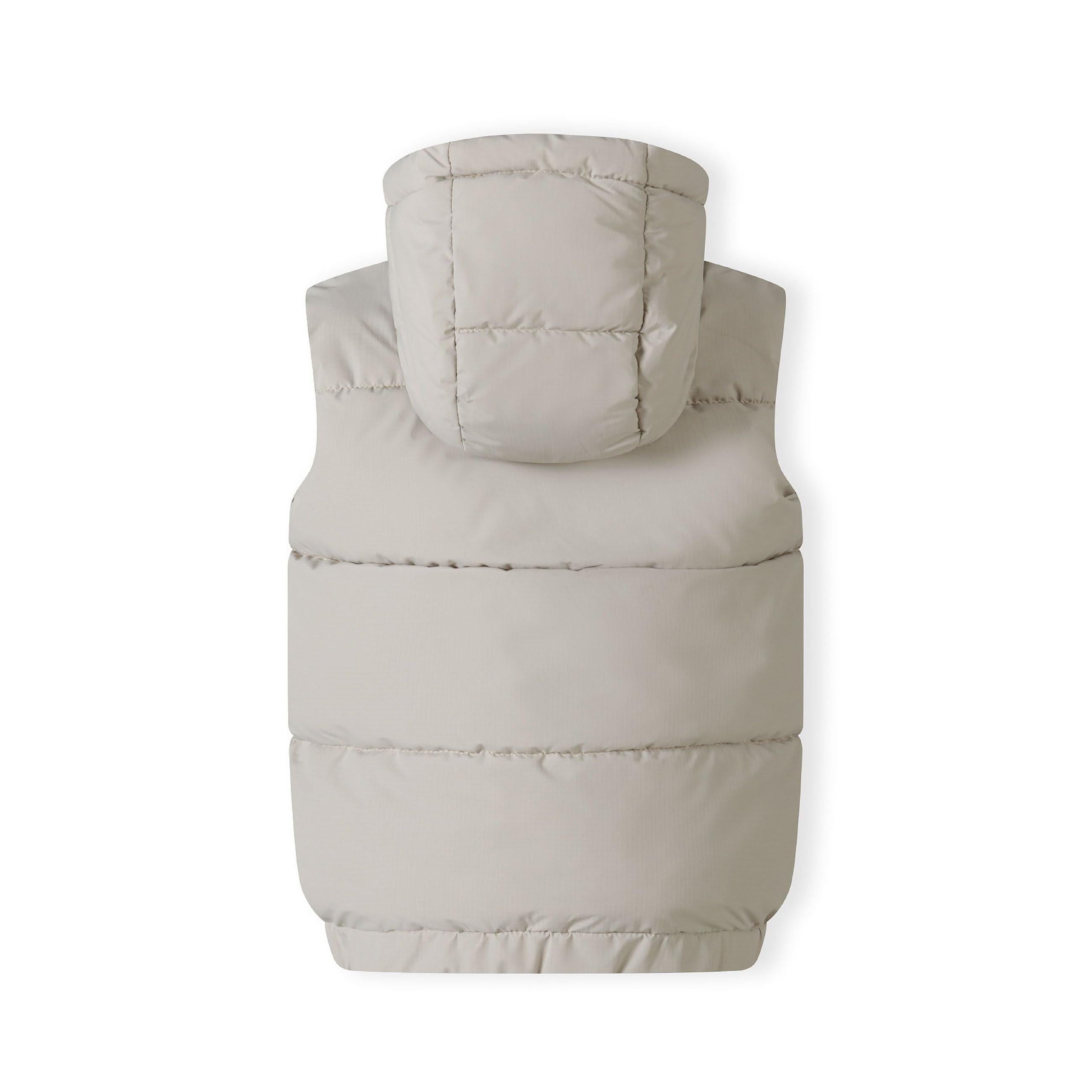 Flat lay view of grey padded ripstop gilet with hood showing quilted construction and full front zip closure on white background