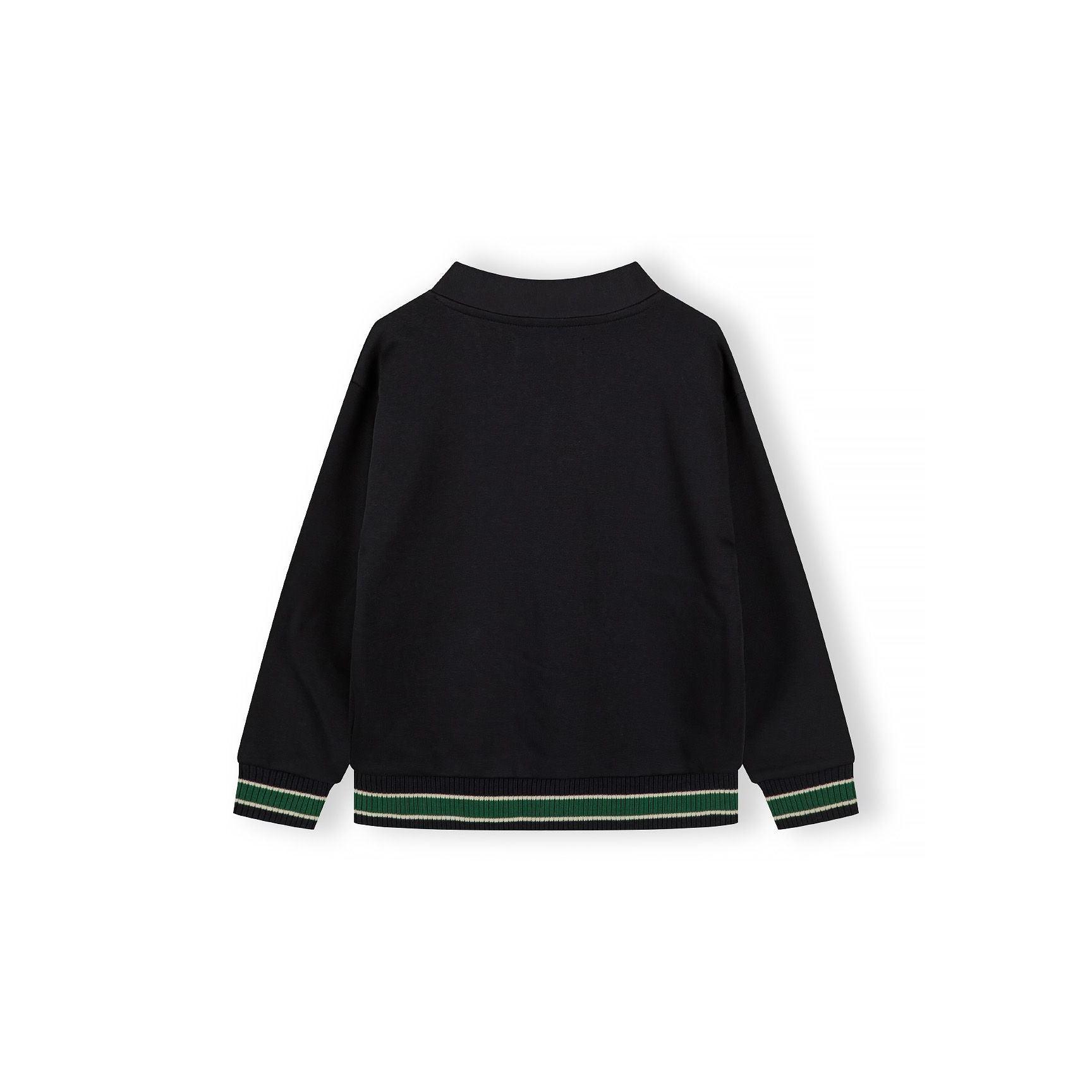 Back view of navy cardigan laid flat showing ribbed cuffs with green and white stripe detail on white background