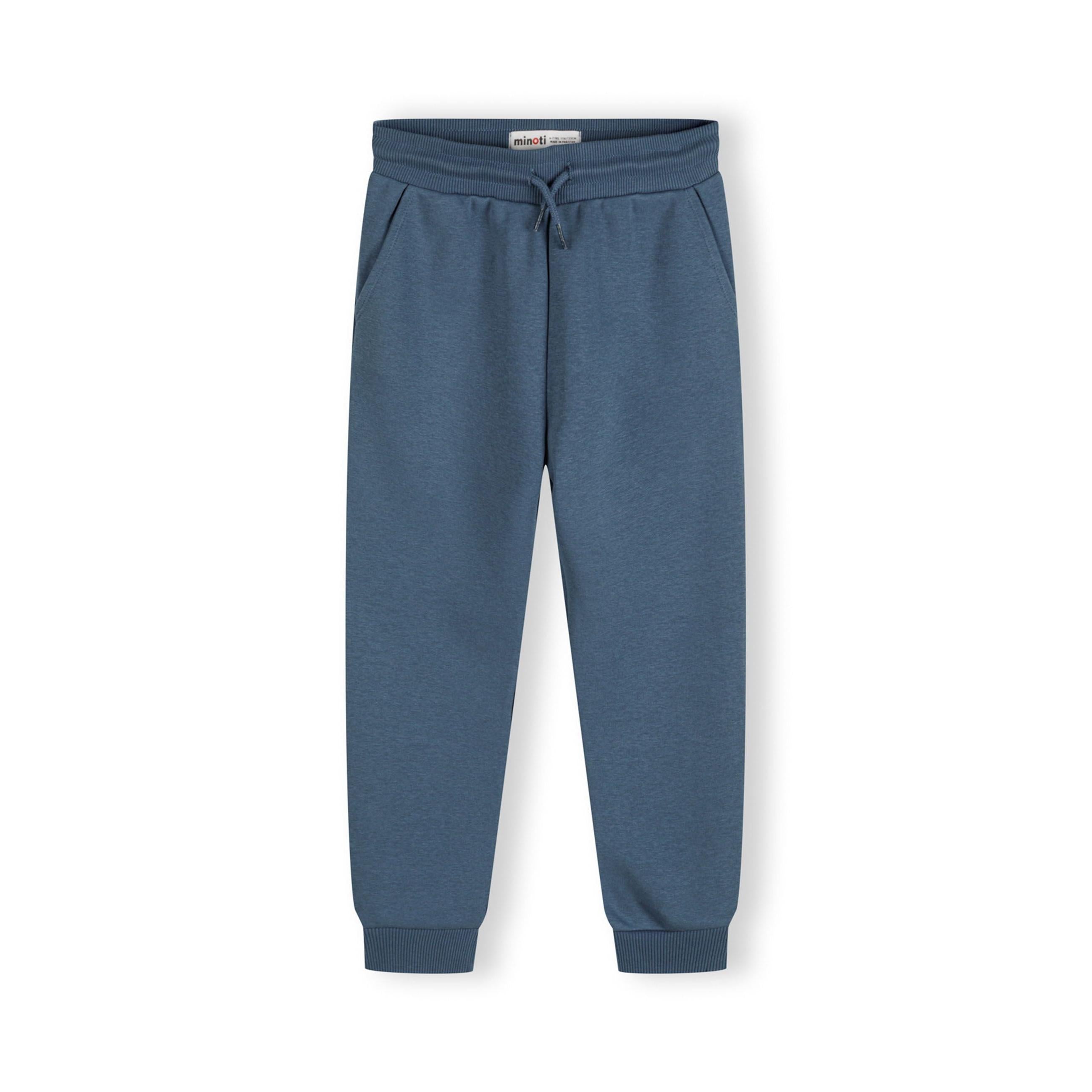 Back view of grey children's sweatpants laid flat showing ribbed waistband, back seam detail and ankle cuffs against white background
