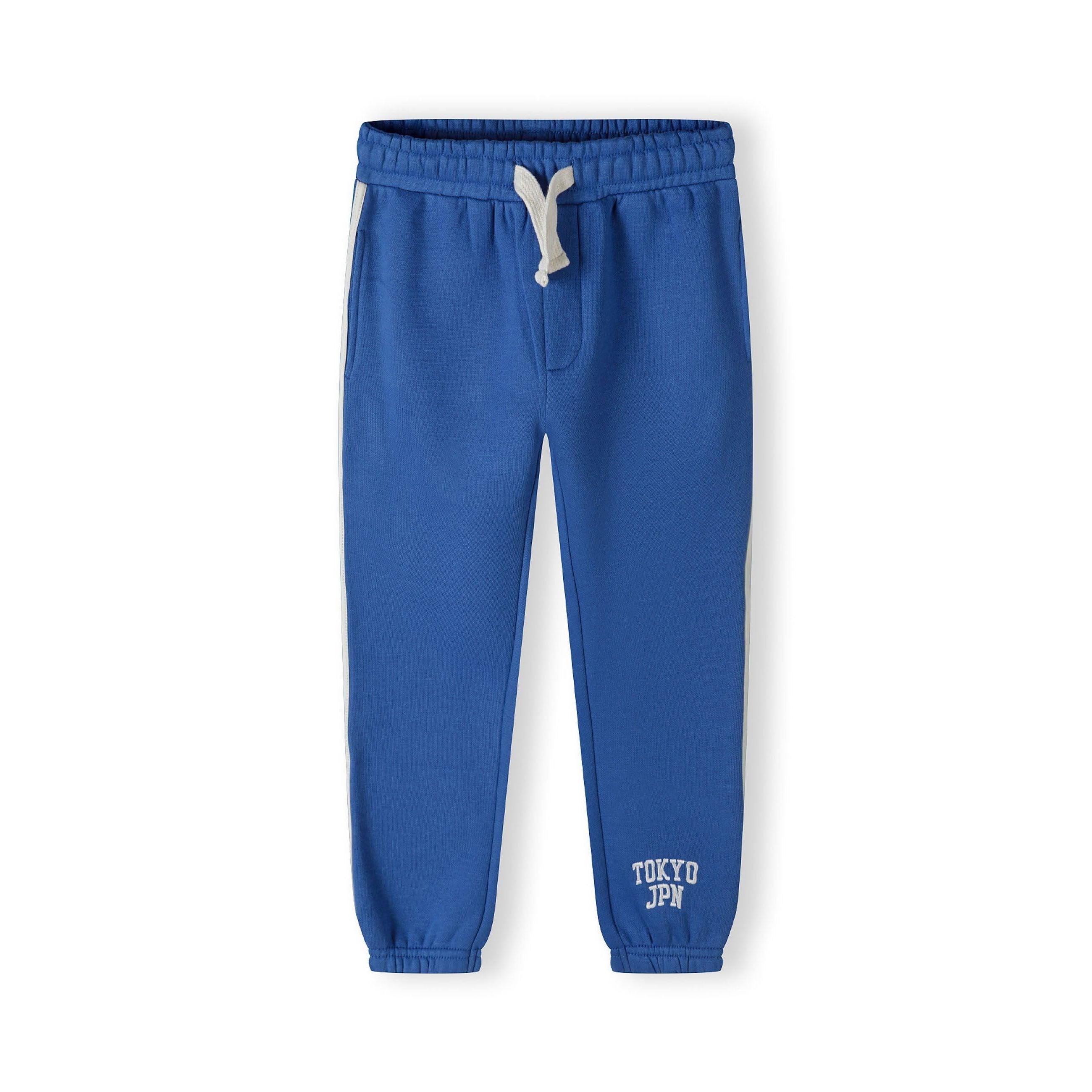 Close-up detail of cobalt blue joggers showing elasticated waistband with white drawstring ties