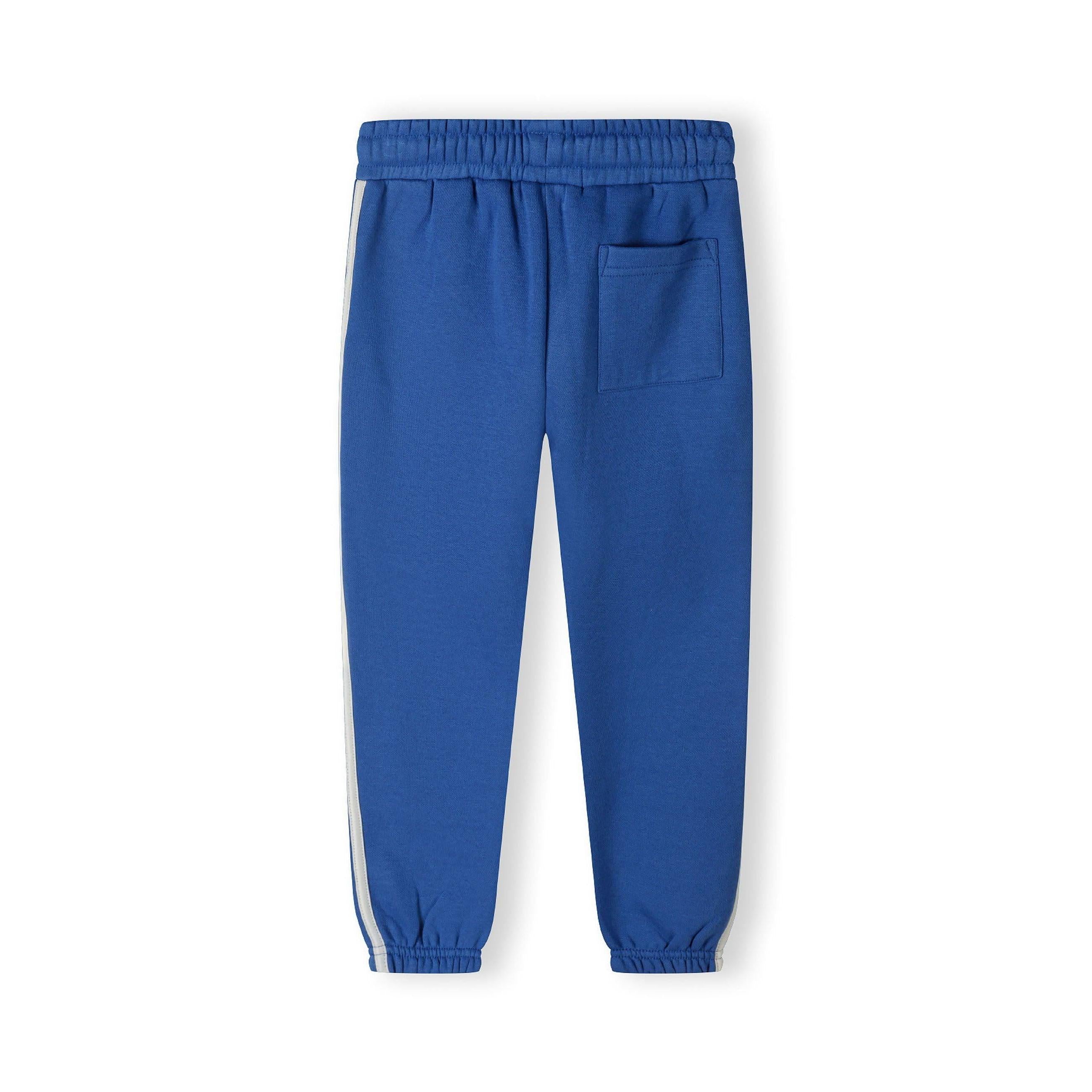 Close-up detail of cobalt blue joggers showing elasticated waistband with white drawstring ties