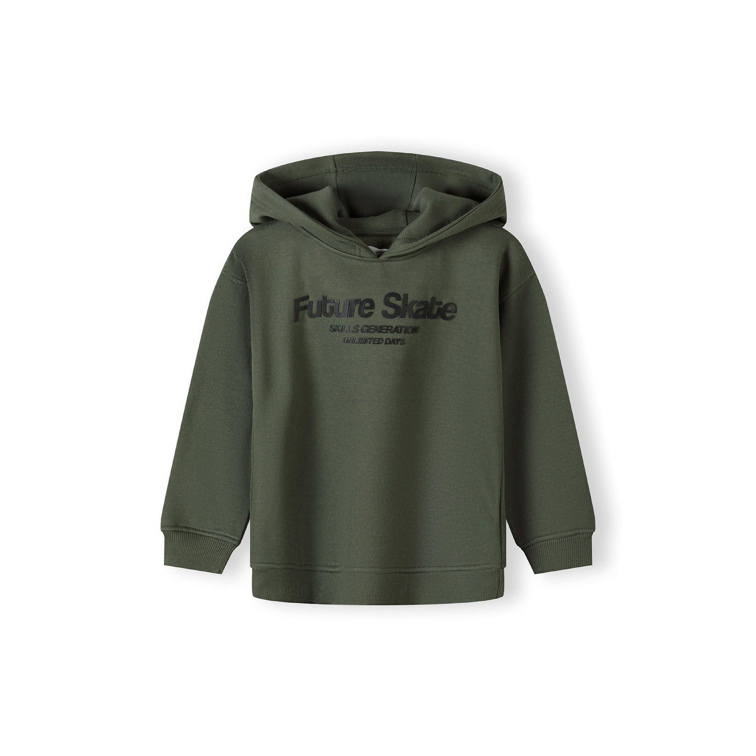 Close-up detail of khaki jogger pants showing drawstring waistband and Future Skate vertical text print on side seam