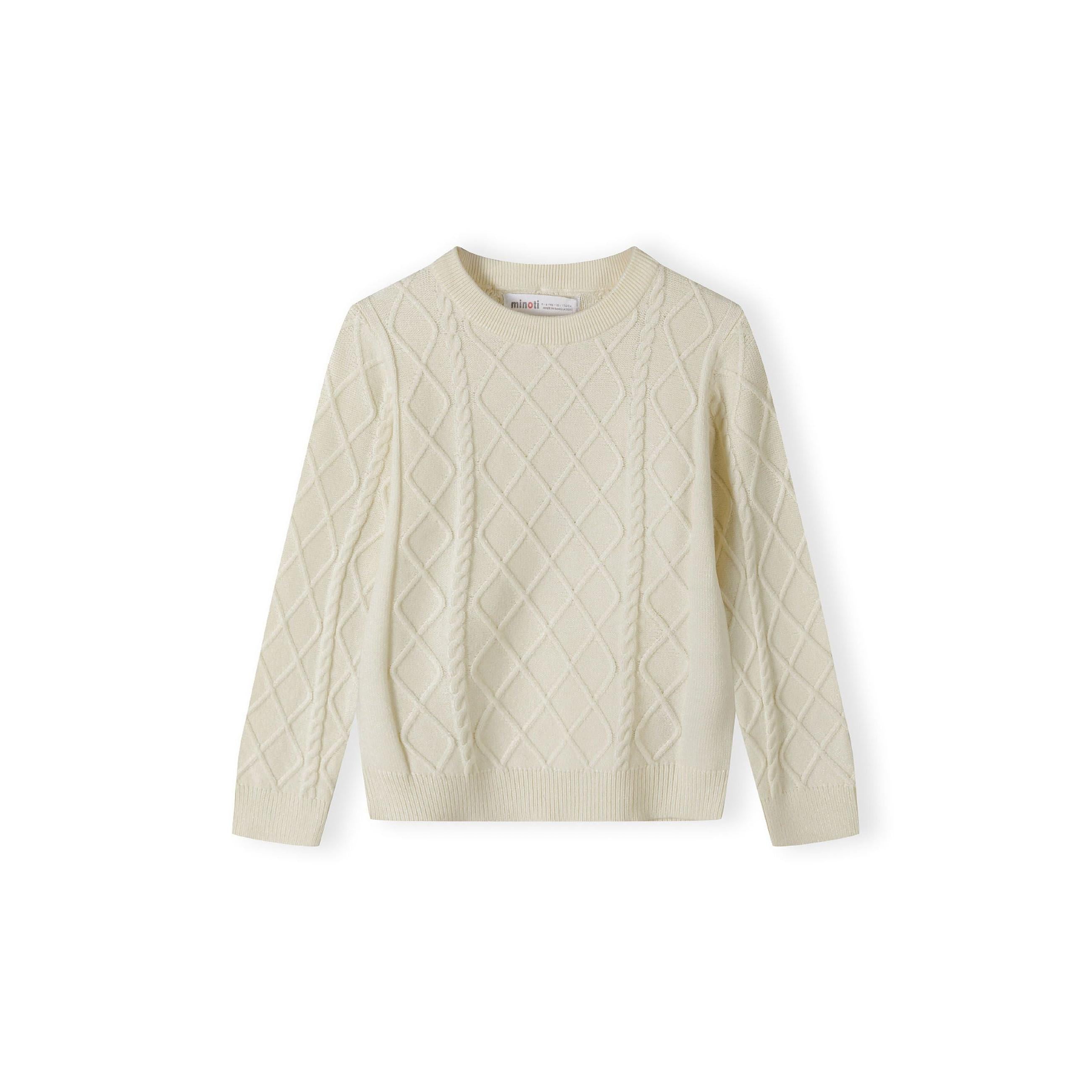 Cream cable knit jumper laid flat showing diamond and cable pattern texture, back view on white background