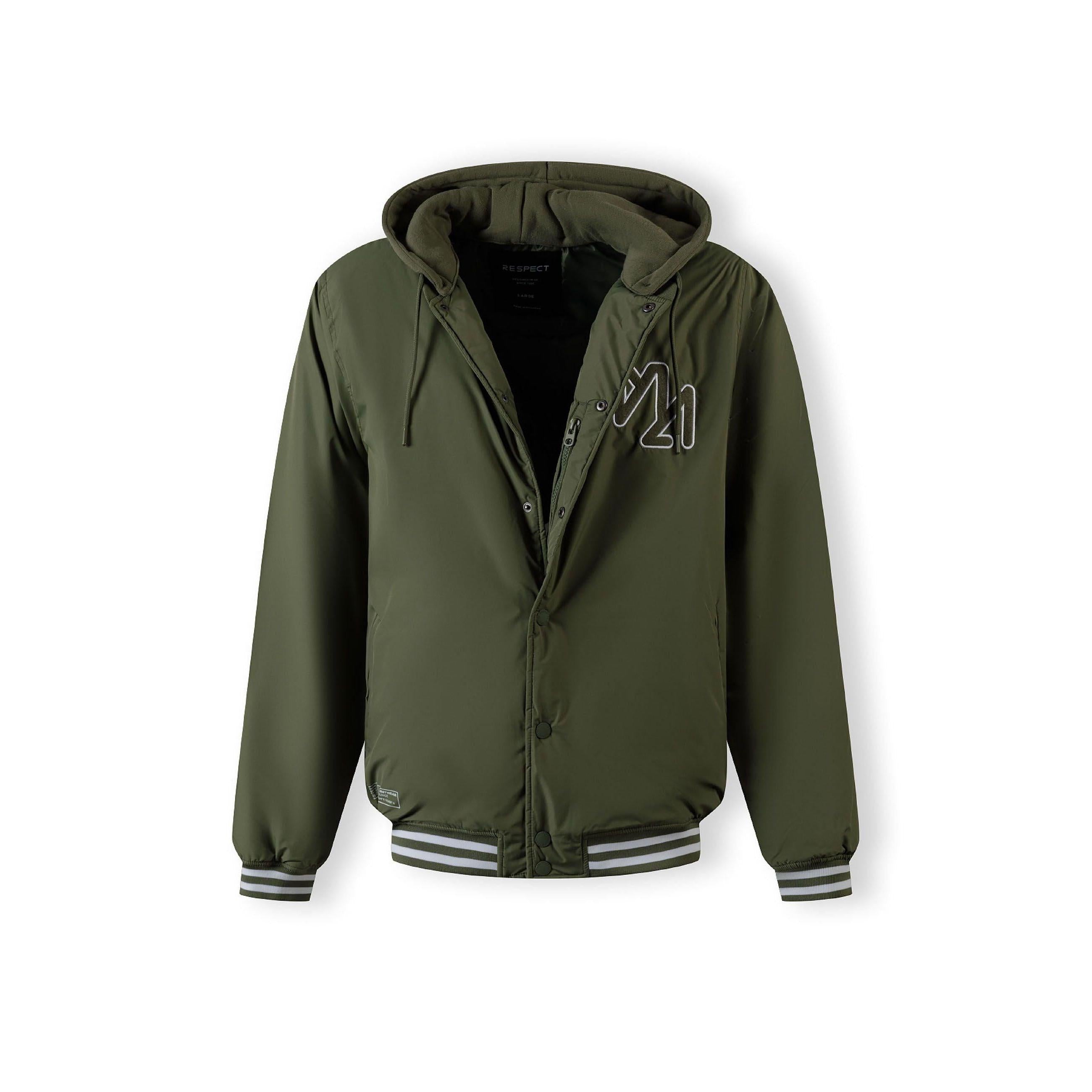 Close-up detail of khaki jacket showing zip pocket, button closure and ribbed trim construction