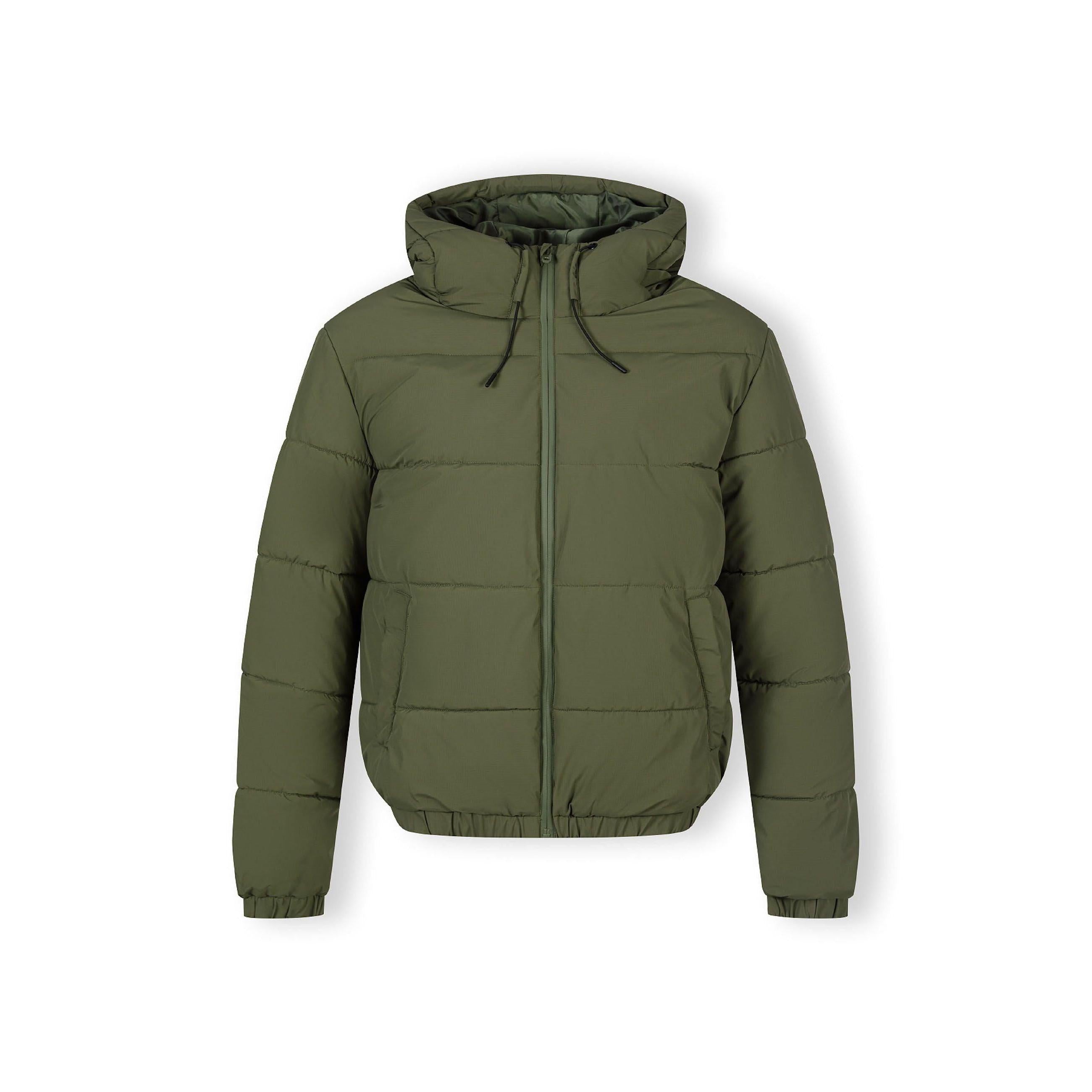 Khaki quilted puffa jacket laid flat showing front view with hood and zip closure on white background