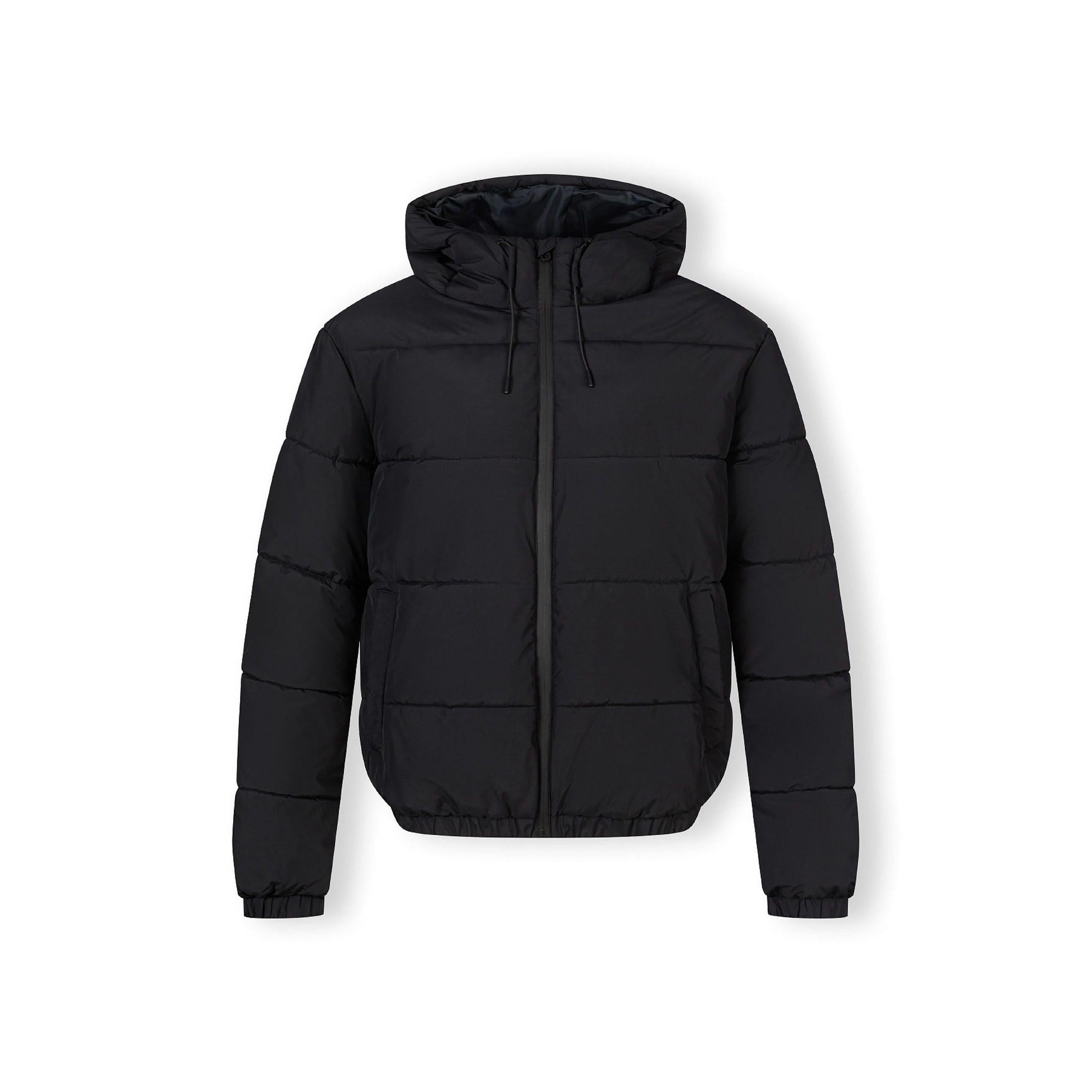 Black puffer jacket flat lay showing full zip closure, hood and quilted construction on white background
