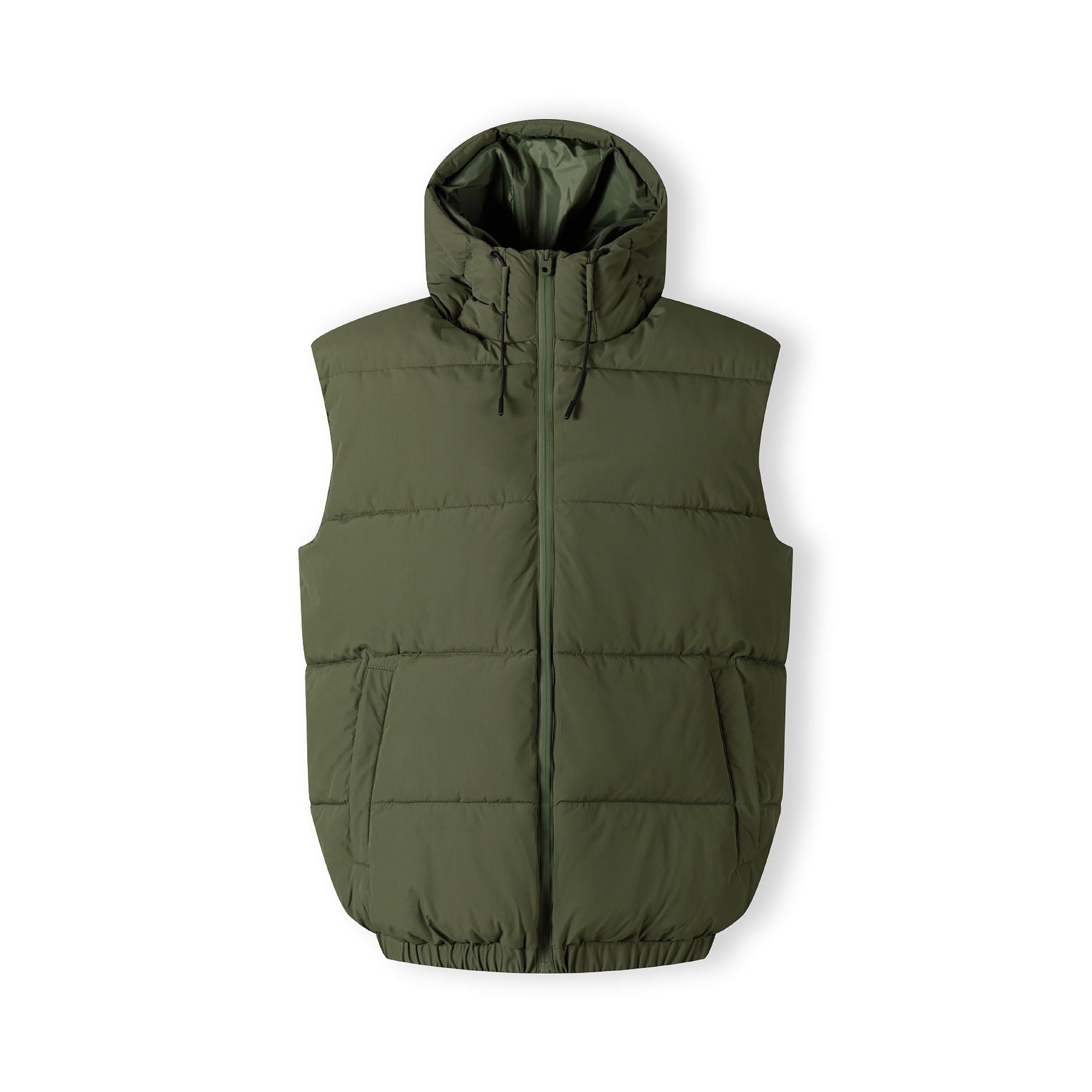 Back view of khaki padded gilet laid flat showing hood, horizontal quilting pattern and overall silhouette on white background