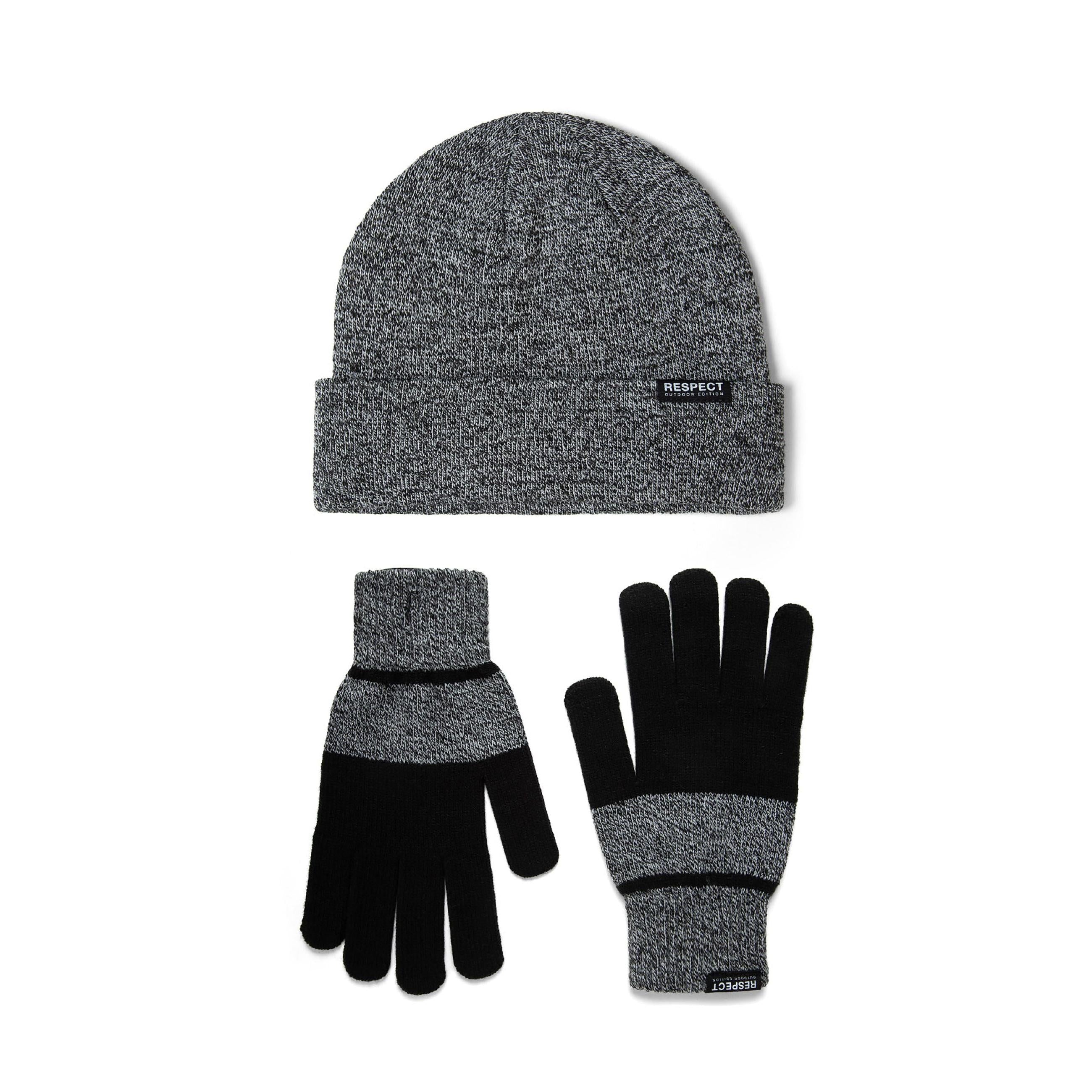 Grey knitted beanie and gloves set on white background showing ribbed texture and Respect badge label