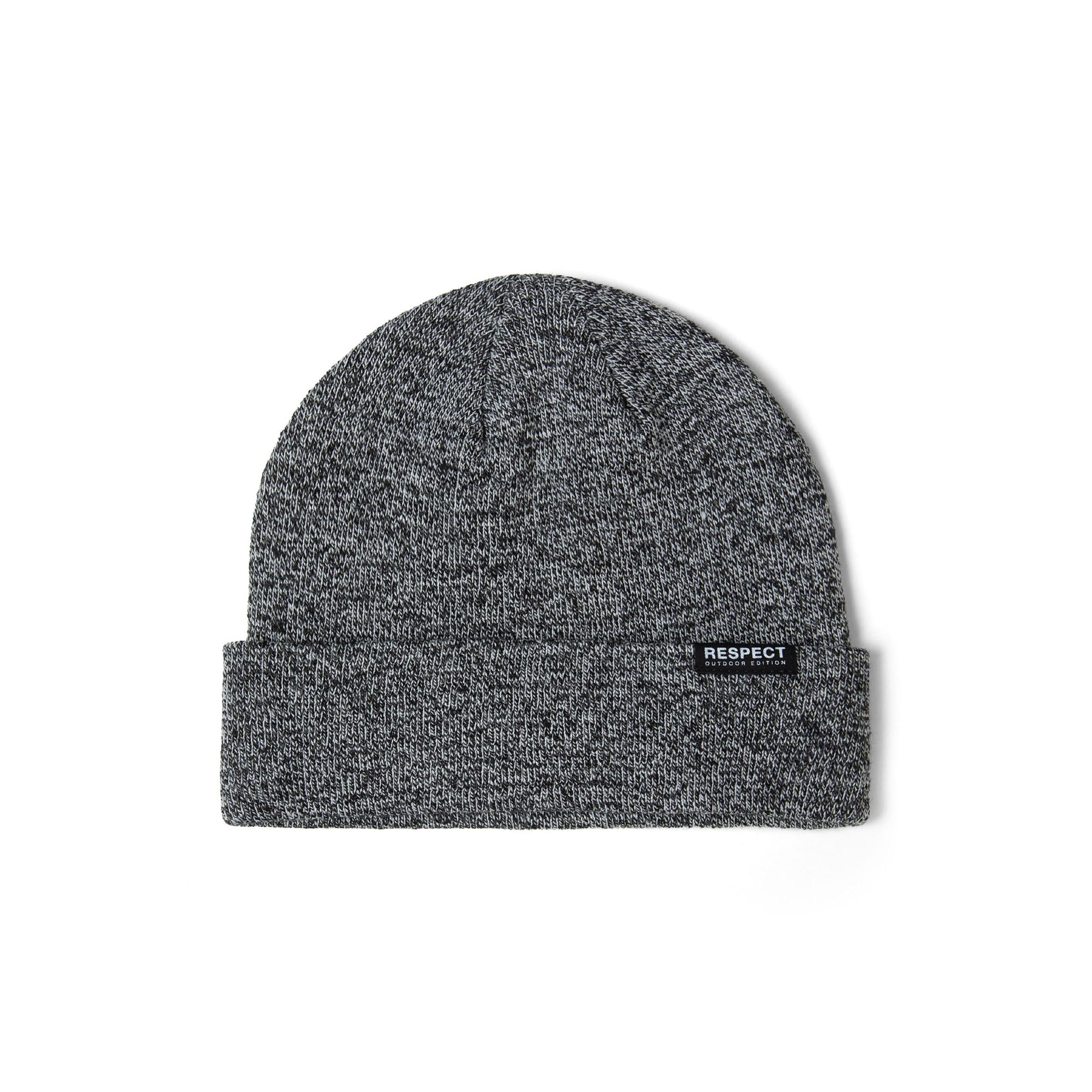 Close-up detail of grey knitted beanie showing fold-up cuff and black Respect Outdoor Edition label