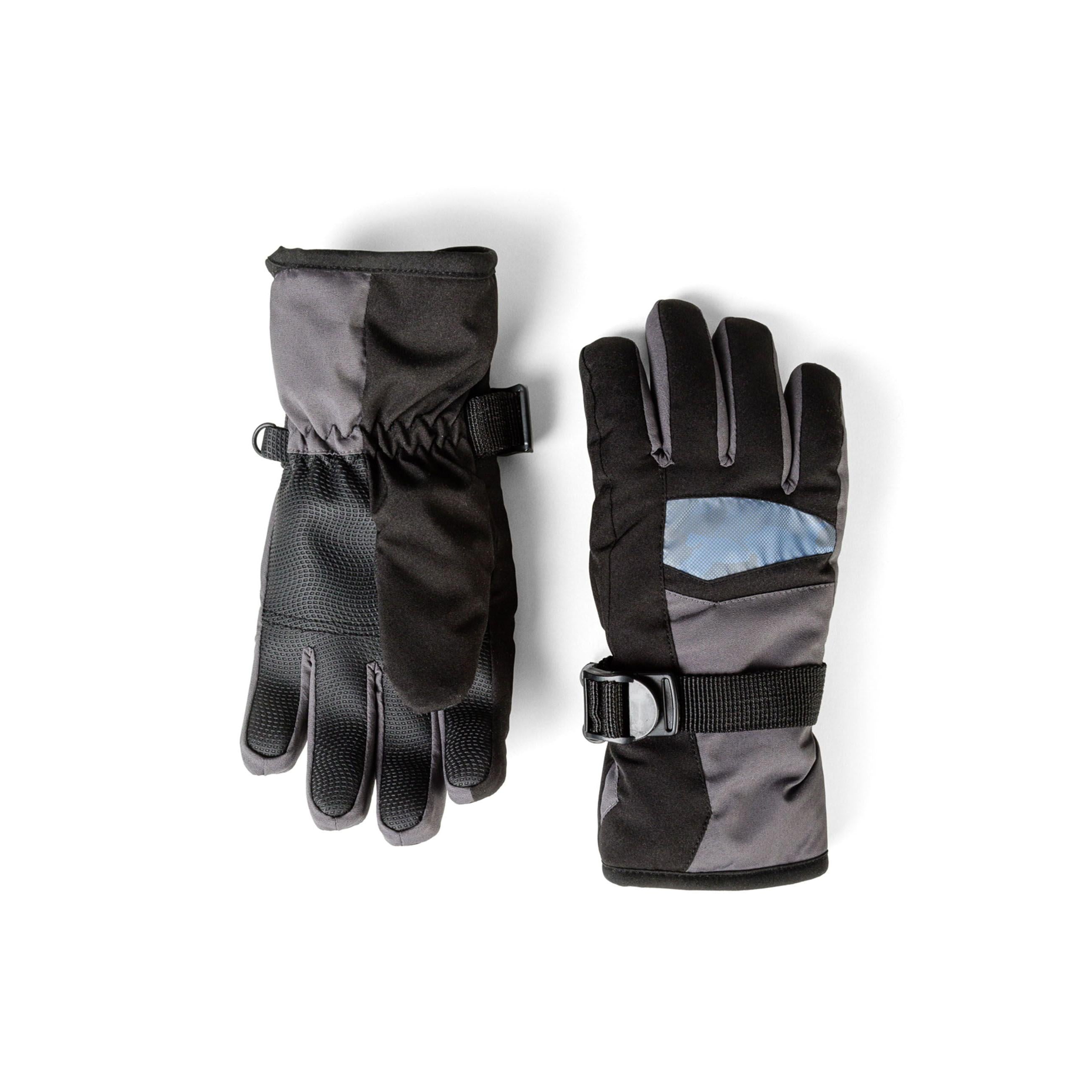 Grey waterproof ski gloves with reflective panels laid flat against white background, showing both palm and back sides with adjustable wrist straps