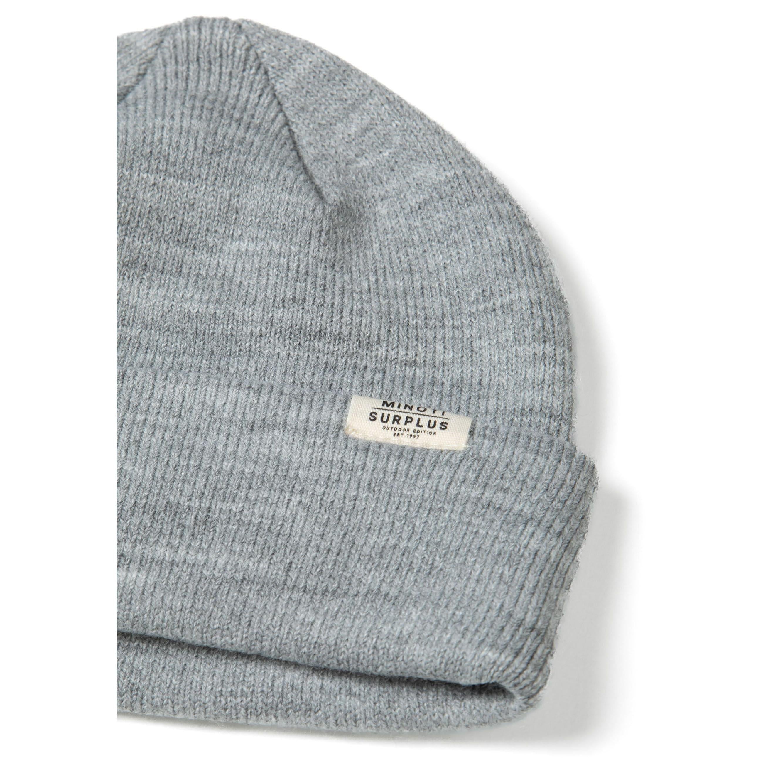 Single grey ribbed beanie hat on white background displaying knitted texture and white Minoti label on turned-up cuff