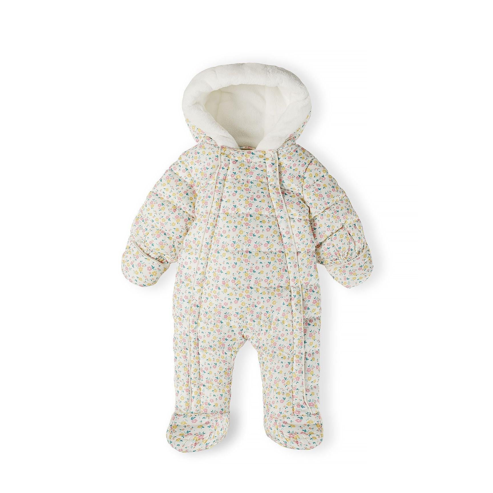 Front view of cream baby snowsuit with delicate floral print, featuring sherpa-lined hood and double zip closure on white background
