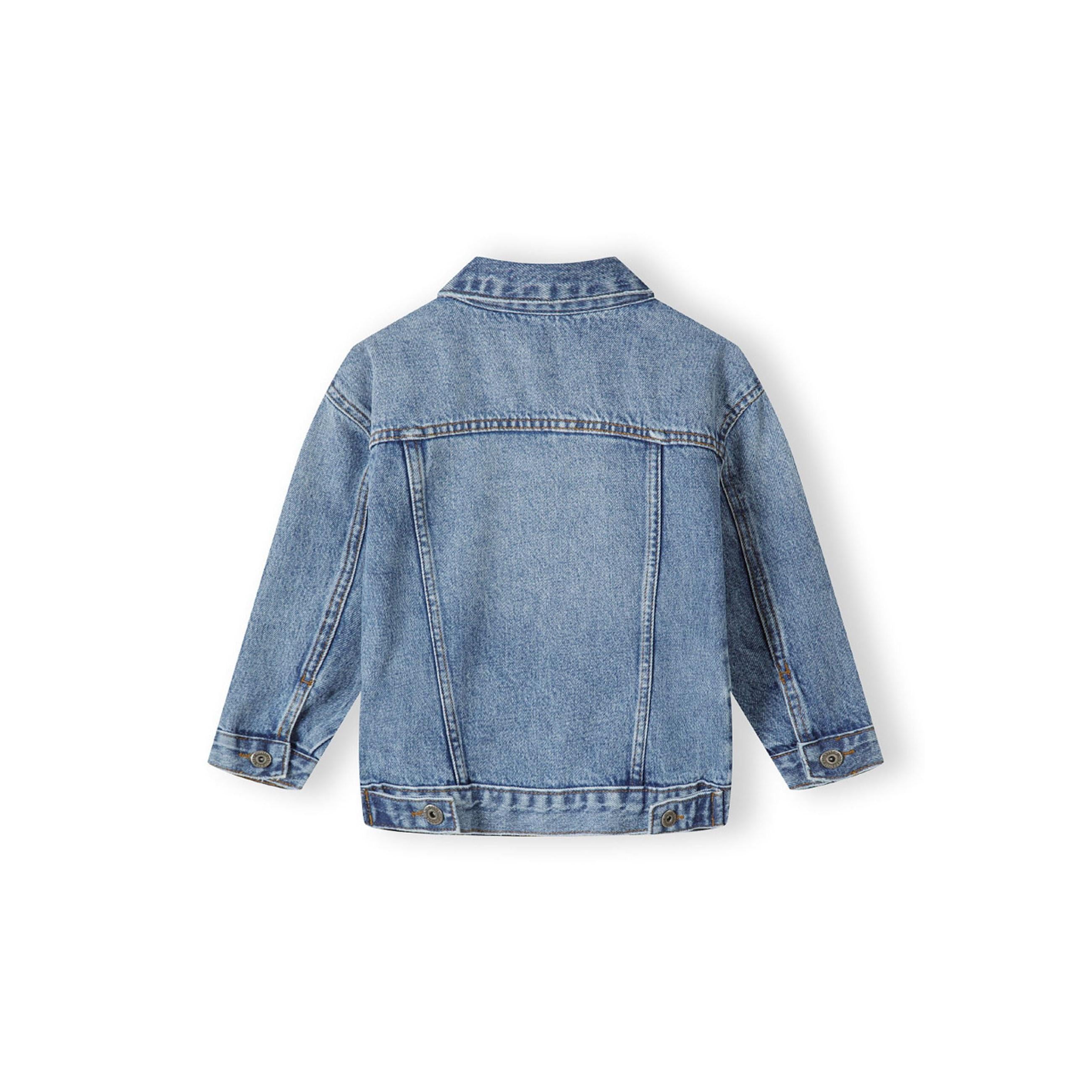 Navy denim jacket laid flat showing back view with classic construction, seaming details and overall silhouette against white background
