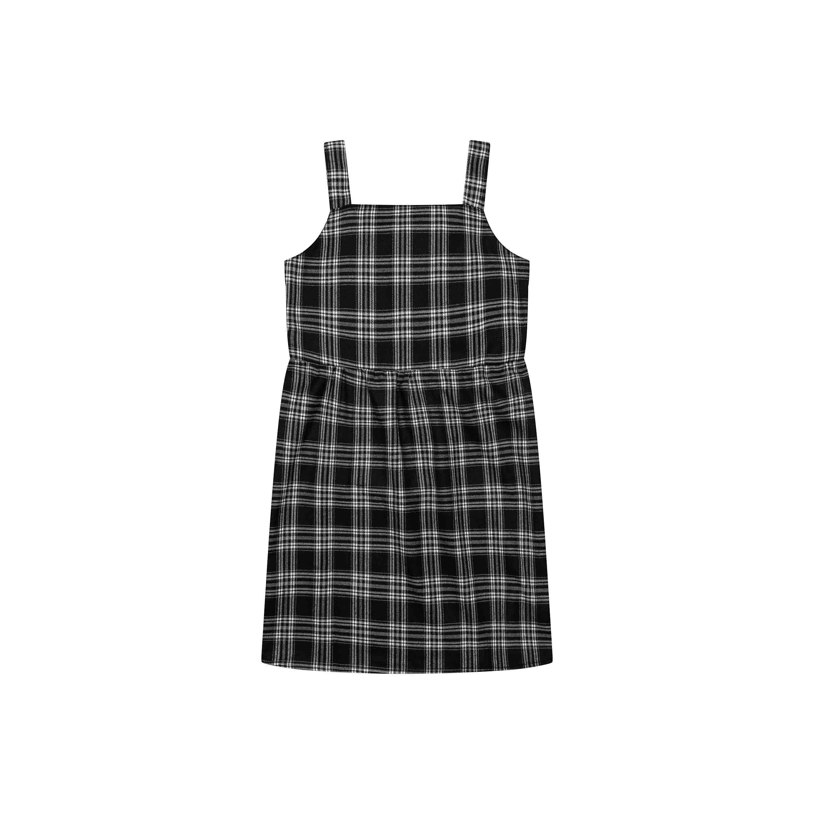 Black checked dress back view showing straight silhouette and strap details on white background