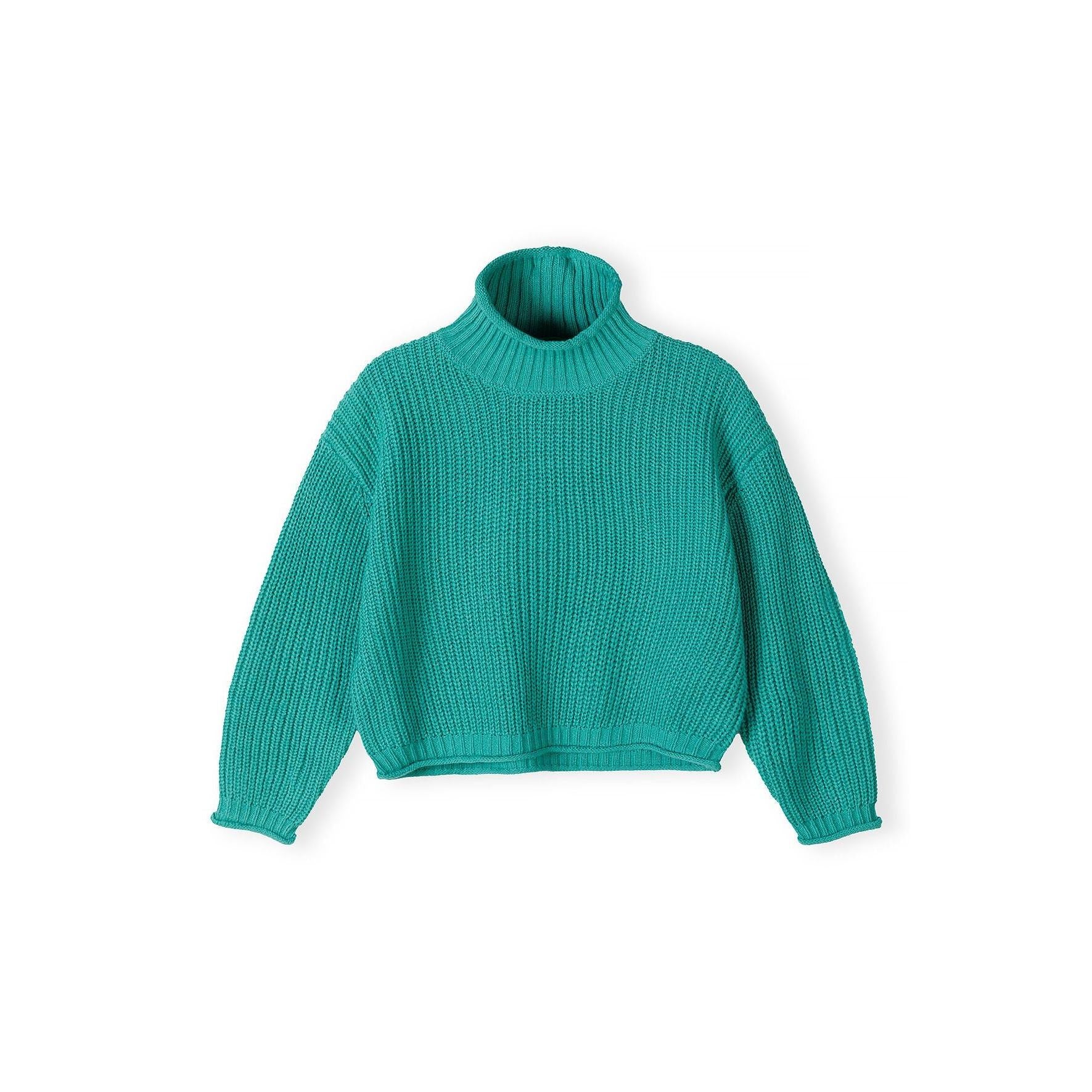 Front view of deep green cropped turtleneck jumper with chunky ribbed knit texture and rolled collar on white background