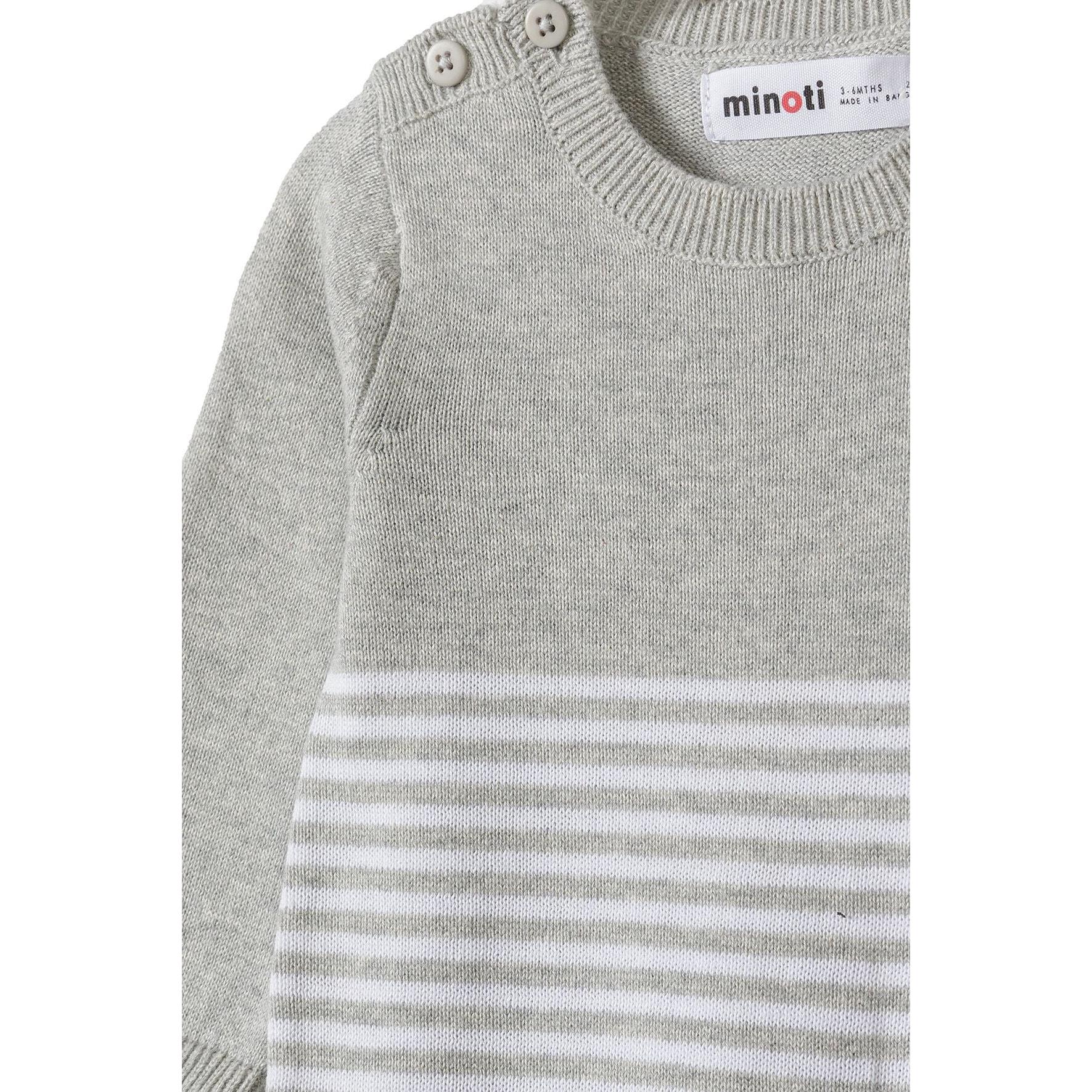 Close-up detail of grey knitted romper showing Minoti label, shoulder buttons and striped pattern transition from solid grey to stripes