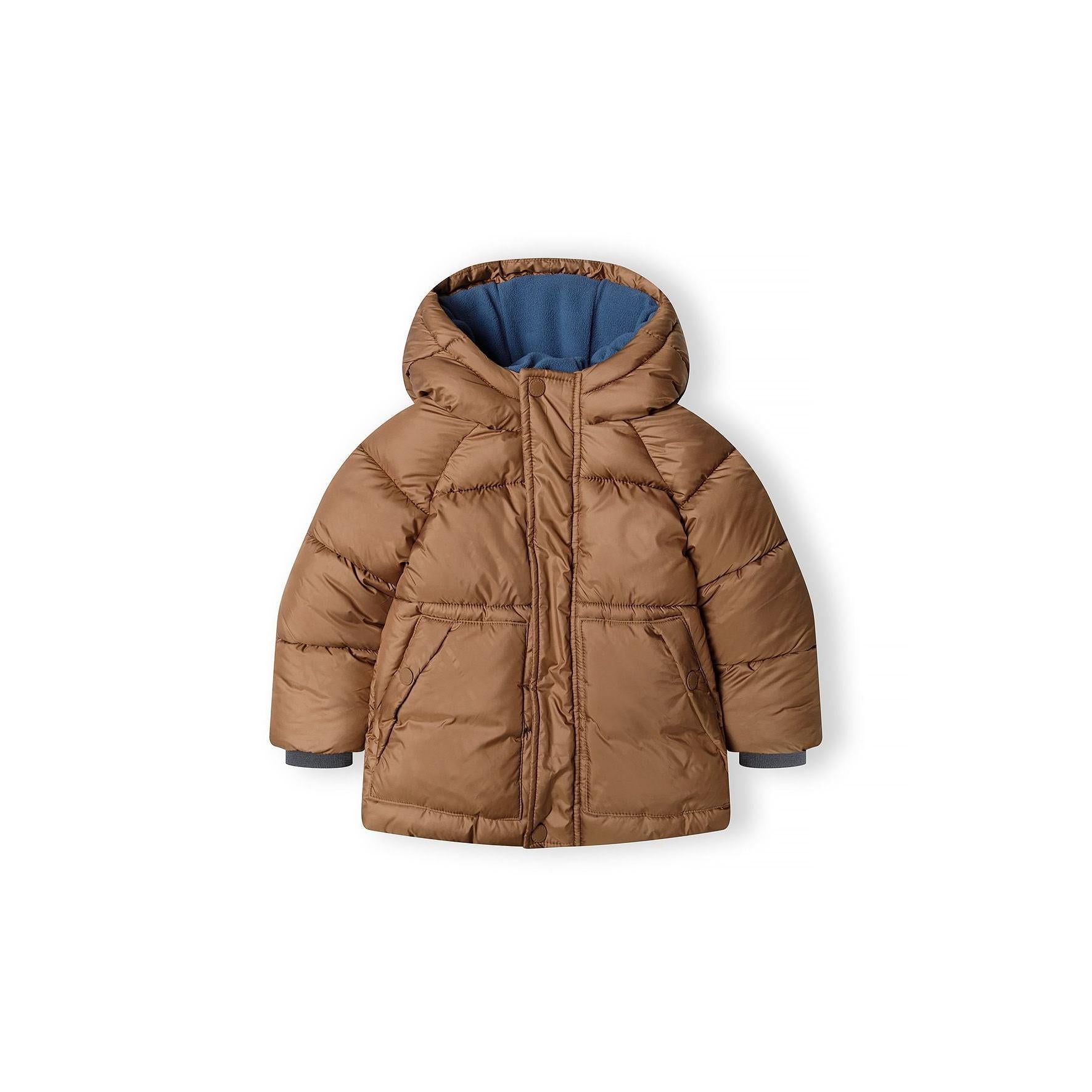 Back view of brown padded jacket showing hood detail and quilted construction on white background