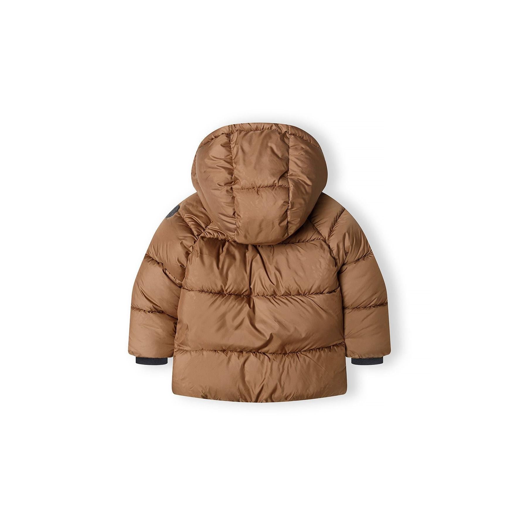 Back view of brown padded jacket showing hood detail and quilted construction on white background
