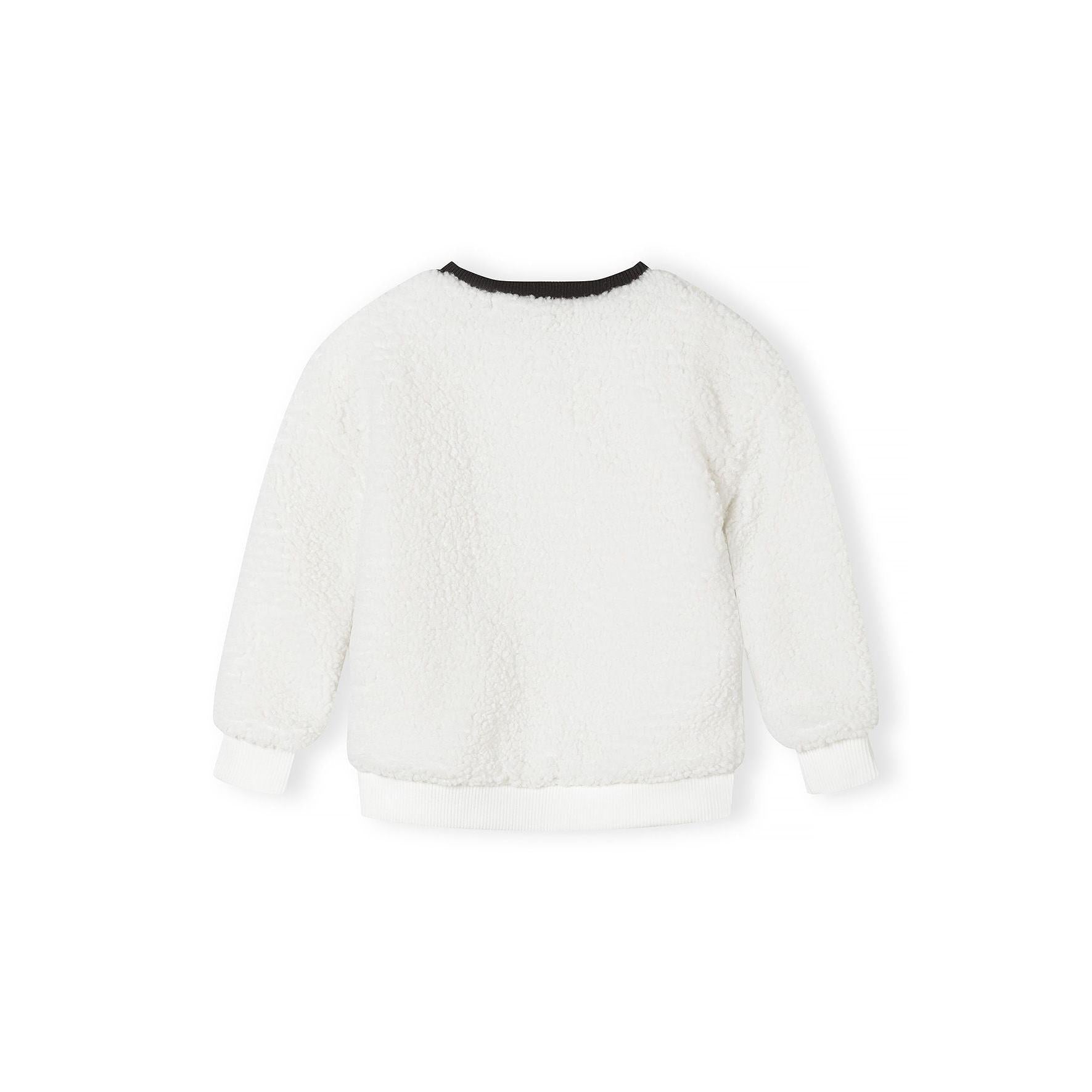 Back view of cream borg sweatshirt showing soft sherpa fleece texture and ribbed black crew neck trim on white background