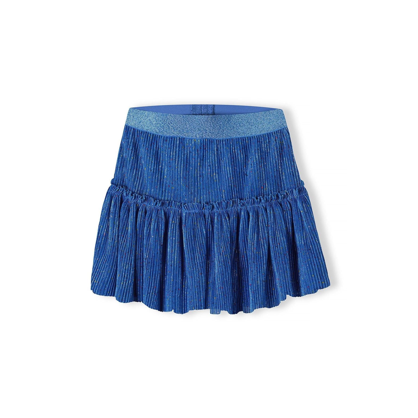 Blue pleated sparkle party skirt with tiered design and elastic glitter waistband on white background