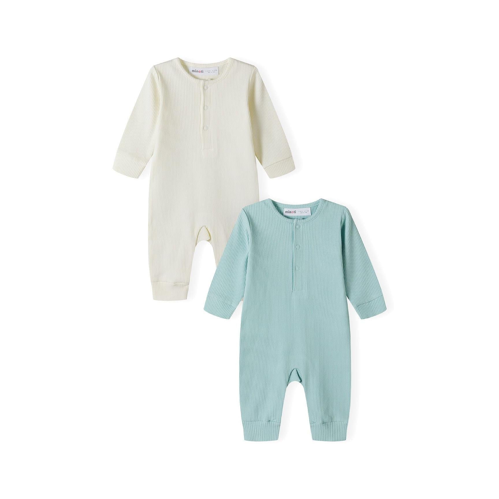 Two ribbed cotton rompers displayed on white background, one cream colored and one sage green, both featuring long sleeves and snap button closures