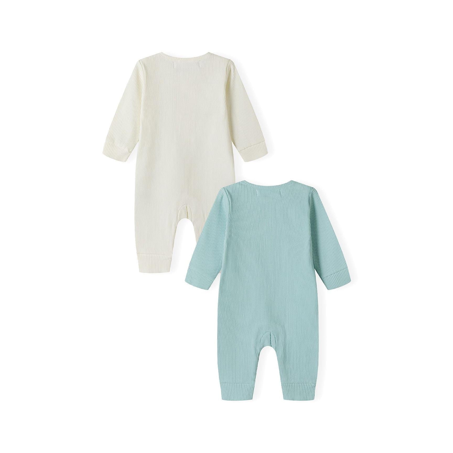 Close-up detail of cream ribbed romper showing Minoti brand label and snap button closure system at neckline