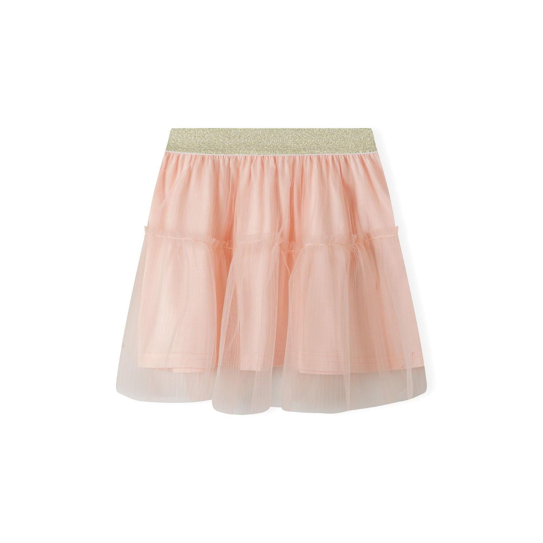 Orange tulle skirt with sparkly gold waistband displayed on white background, showing full A-line silhouette with multiple layers of soft mesh fabric