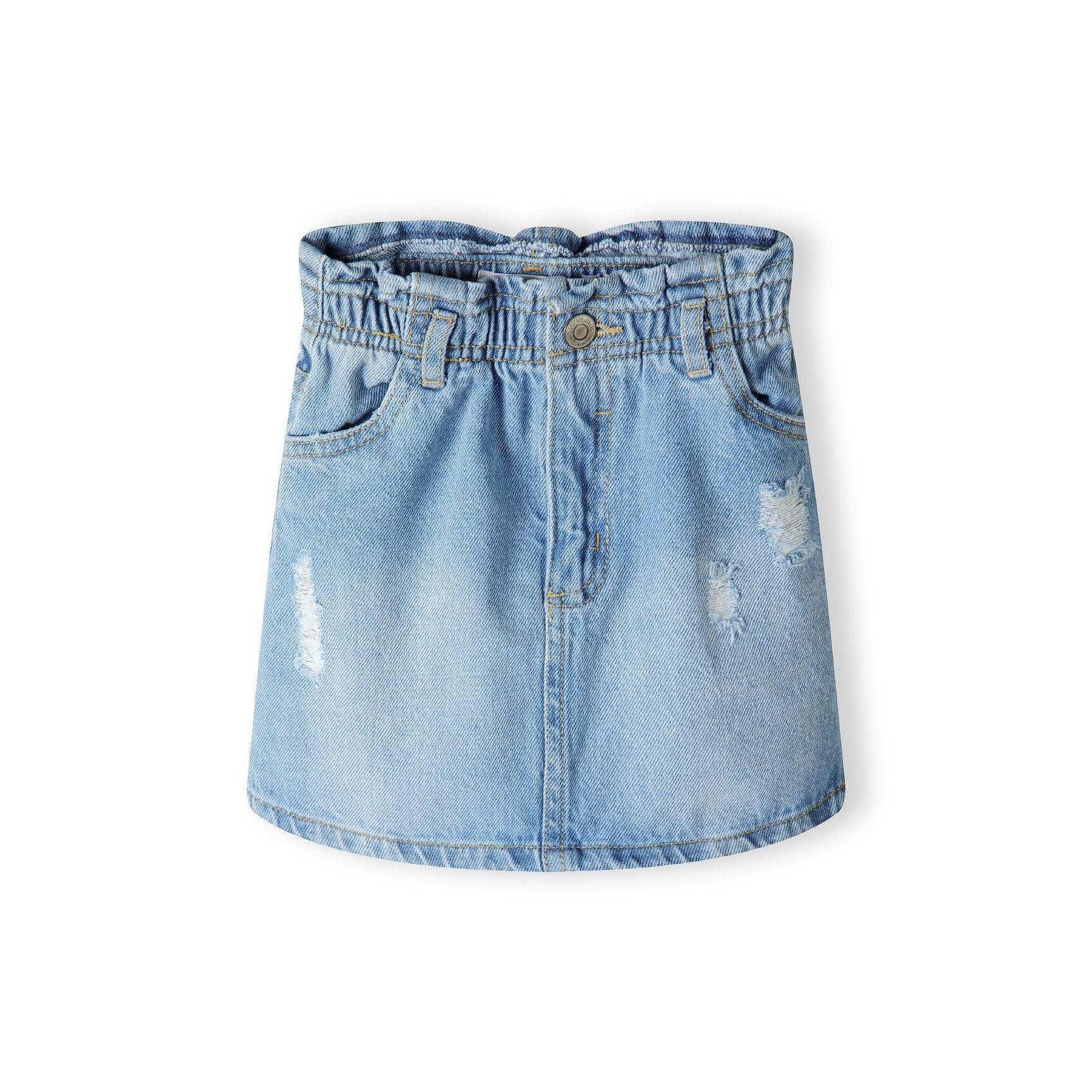 Light blue denim skirt with paperbag waist laid flat on white background showing front view with distressed details and button closure
