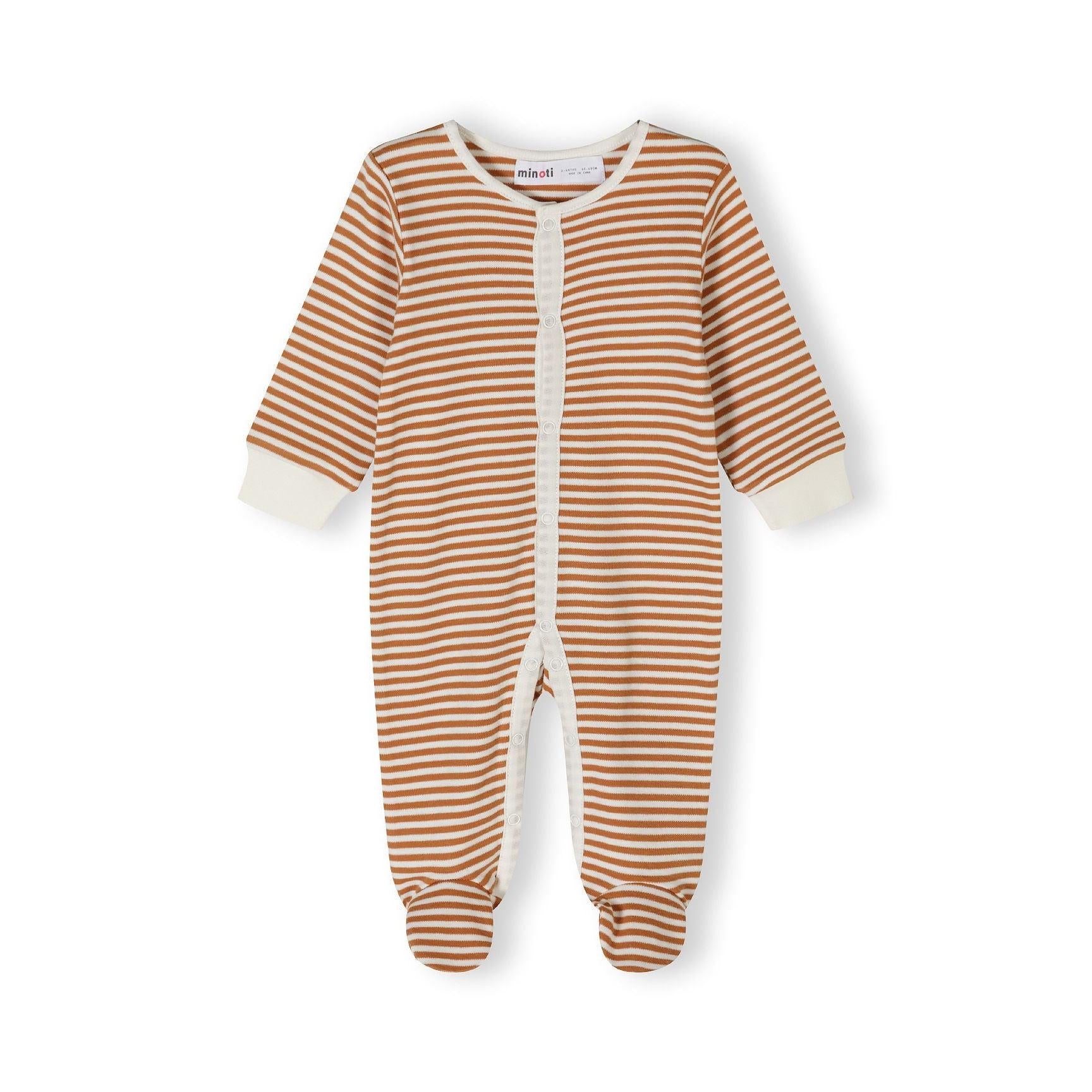 Single brown and white striped sleepsuit with Minoti label displayed flat against white background