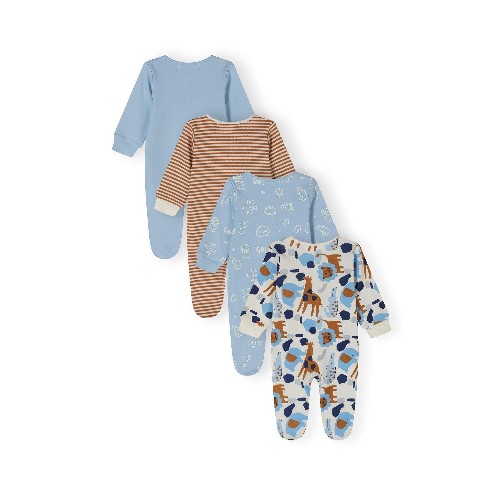 Single brown and white striped sleepsuit with Minoti label displayed flat against white background